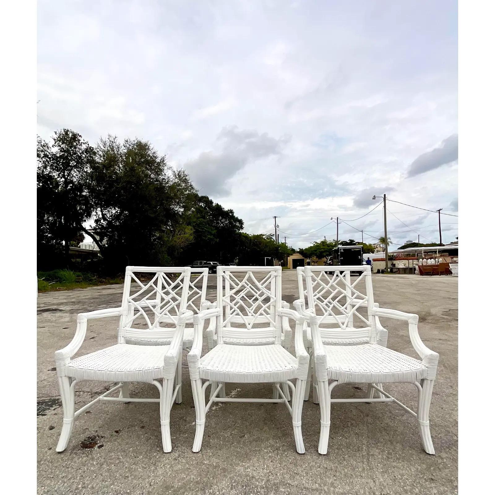 Vintage Coastal White Lacquered Diamond Back Dining Chairs - Set of 6 In Good Condition In west palm beach, FL