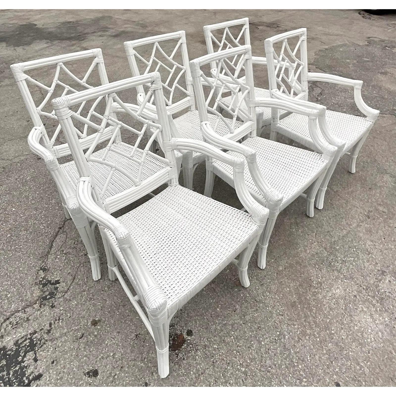 20th Century Vintage Coastal White Lacquered Diamond Back Dining Chairs - Set of 6