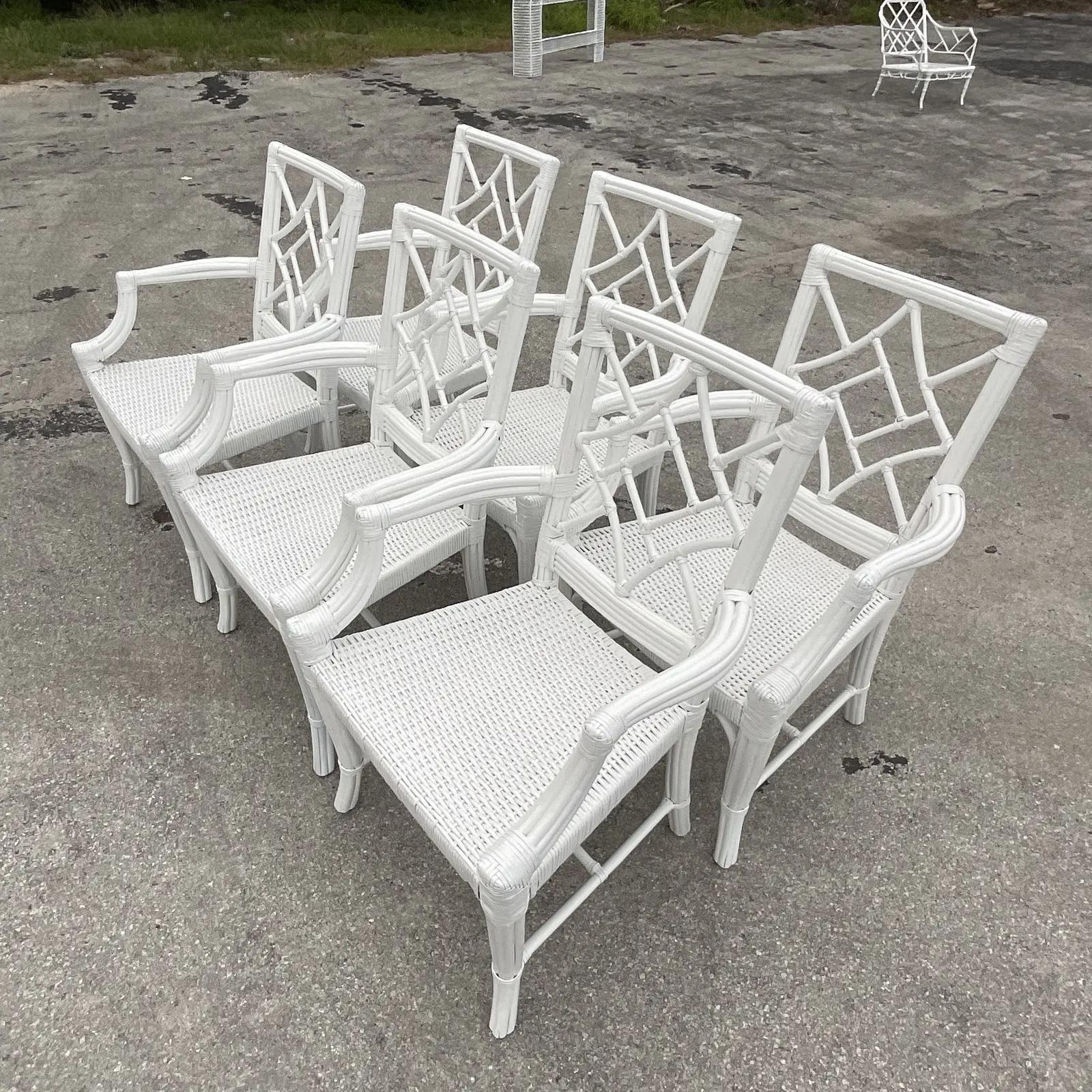 Rattan Vintage Coastal White Lacquered Diamond Back Dining Chairs - Set of 6