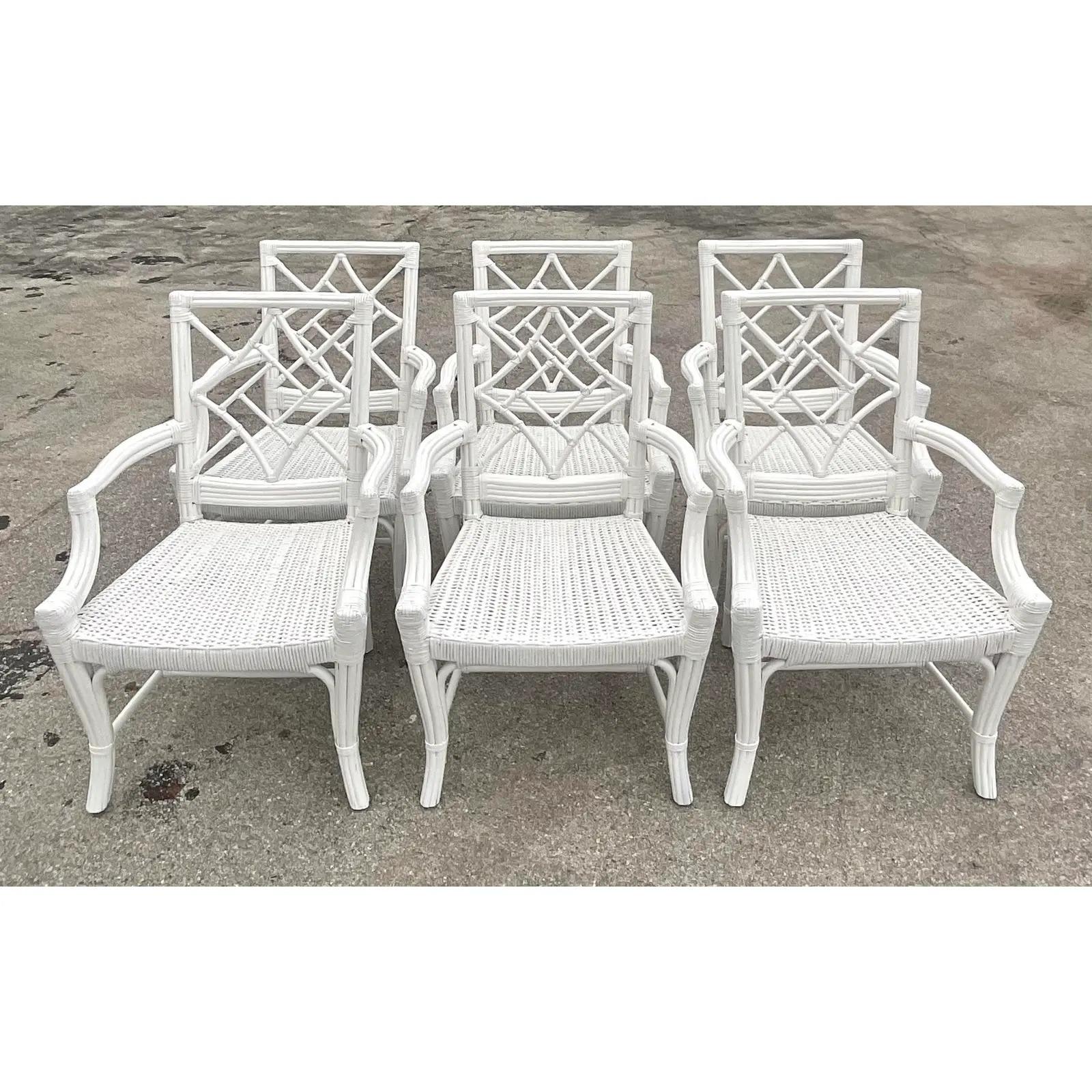 Vintage Coastal White Lacquered Diamond Back Dining Chairs - Set of 6 1