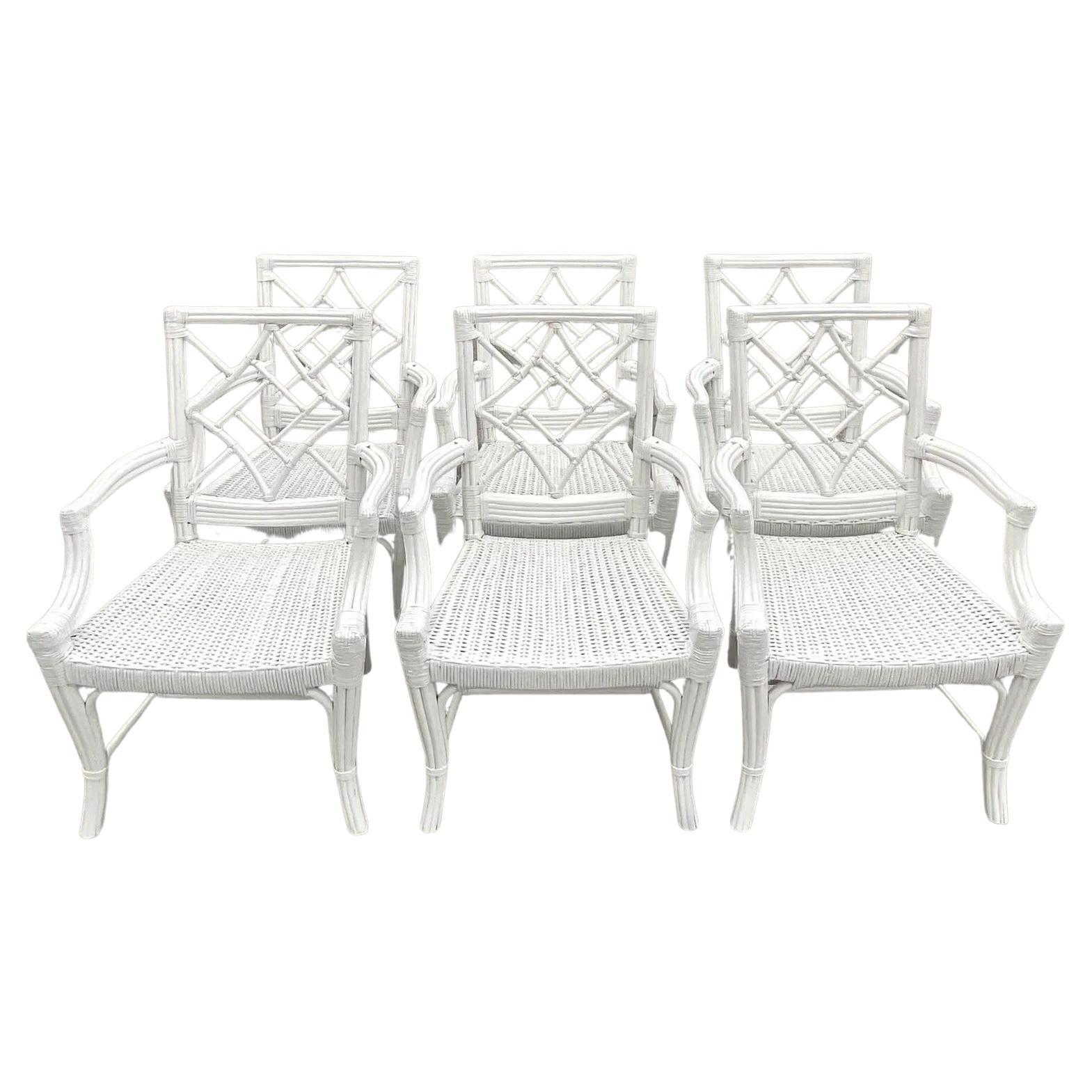 Vintage Coastal White Lacquered Diamond Back Dining Chairs - Set of 6