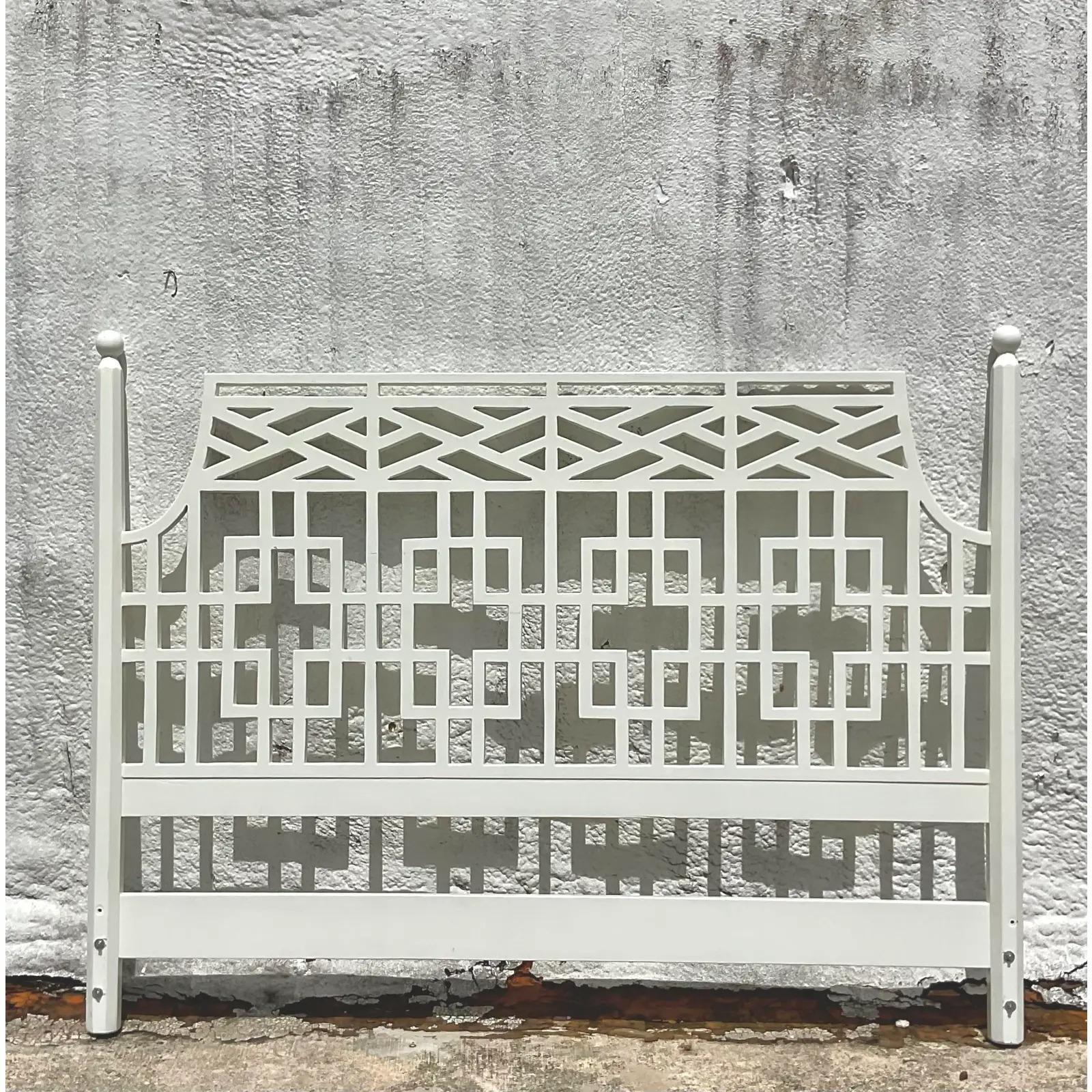 Fantastic vintage Coastal king headboard. Beautiful fretwork design in a chic semigloss finish. Tall and impressive. Acquired from a Palm Beach estate.