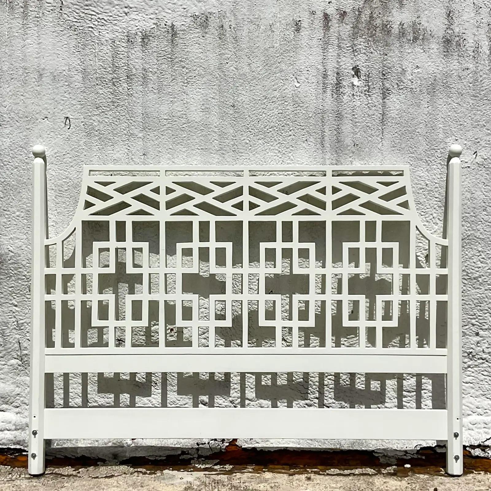 Vintage Coastal White Lacquered Fretwork King Headboard In Good Condition In west palm beach, FL