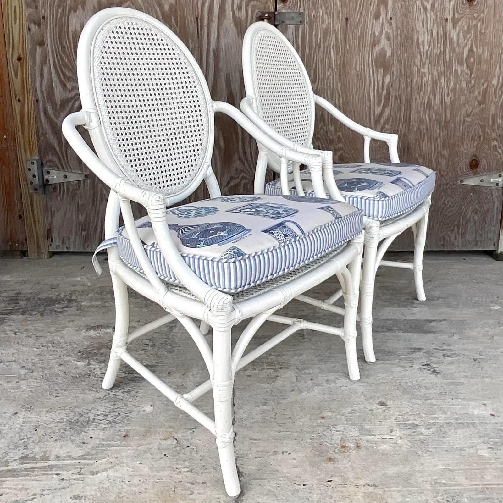 Upholstery Vintage Coastal White Lacquered Rattan McGuire Cane Arm Chairs - a Pair