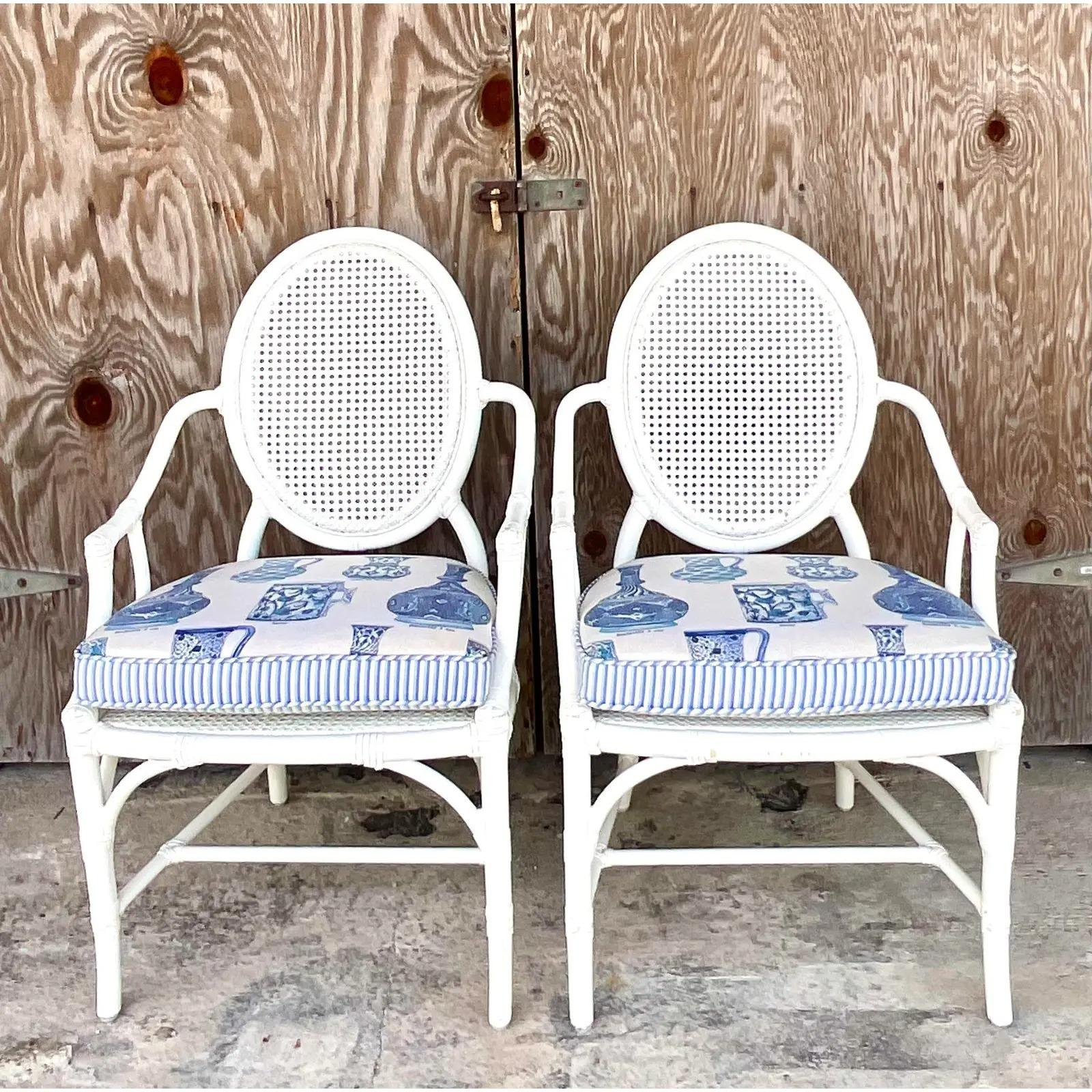 Vintage Coastal White Lacquered Rattan McGuire Cane Arm Chairs - a Pair 1