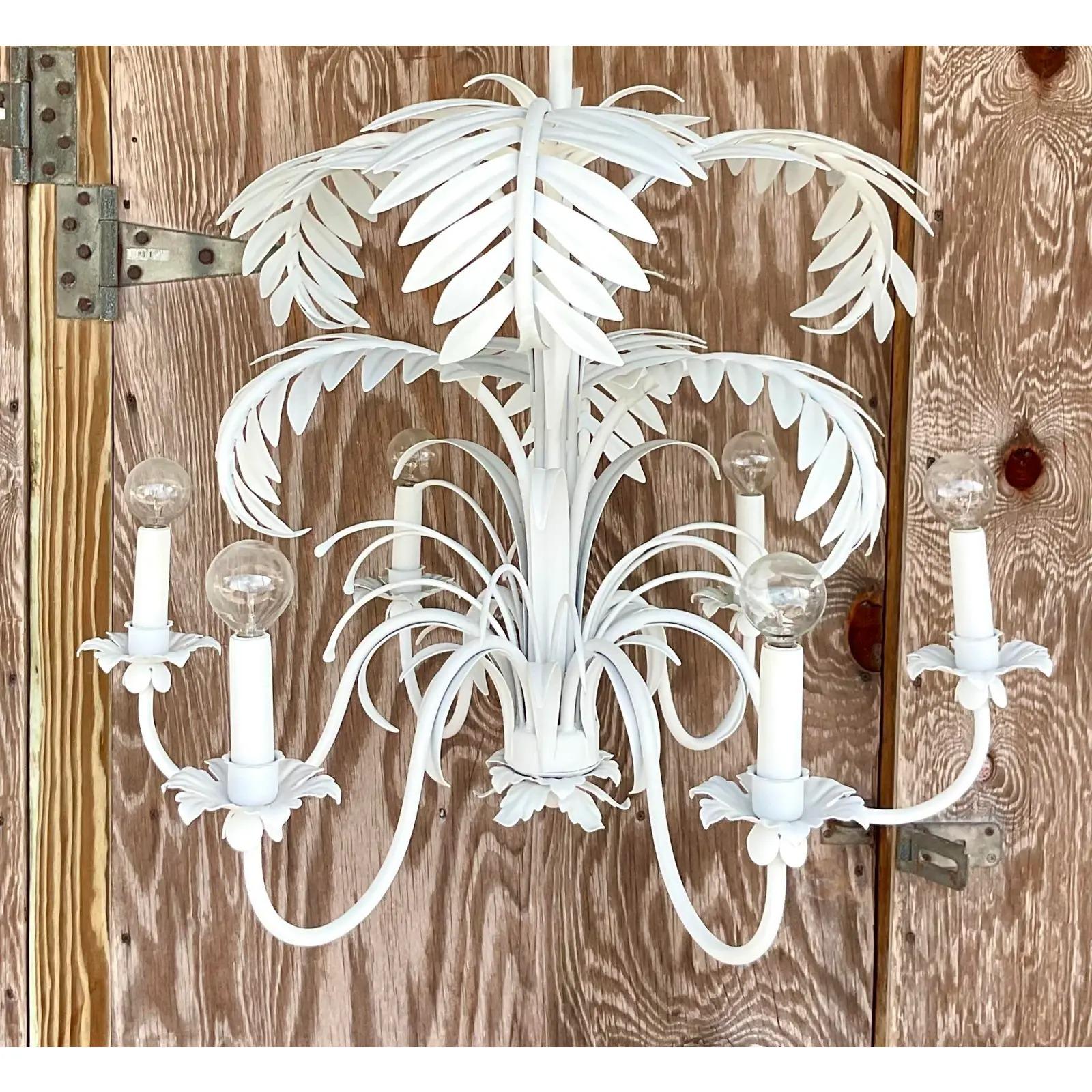 North American Vintage Coastal White Painted Palm Frond Chandelier