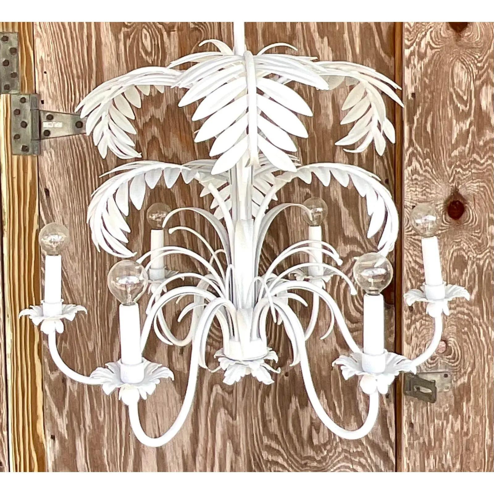 Vintage Coastal White Painted Palm Frond Chandelier In Good Condition In west palm beach, FL