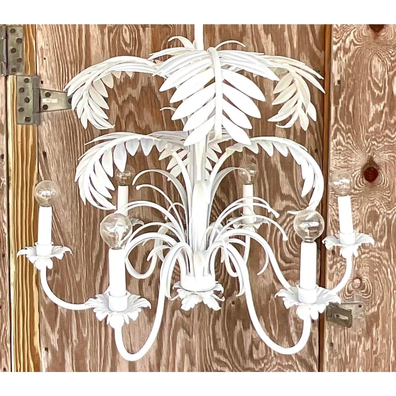 Vintage Coastal White Painted Palm Frond Chandelier 1