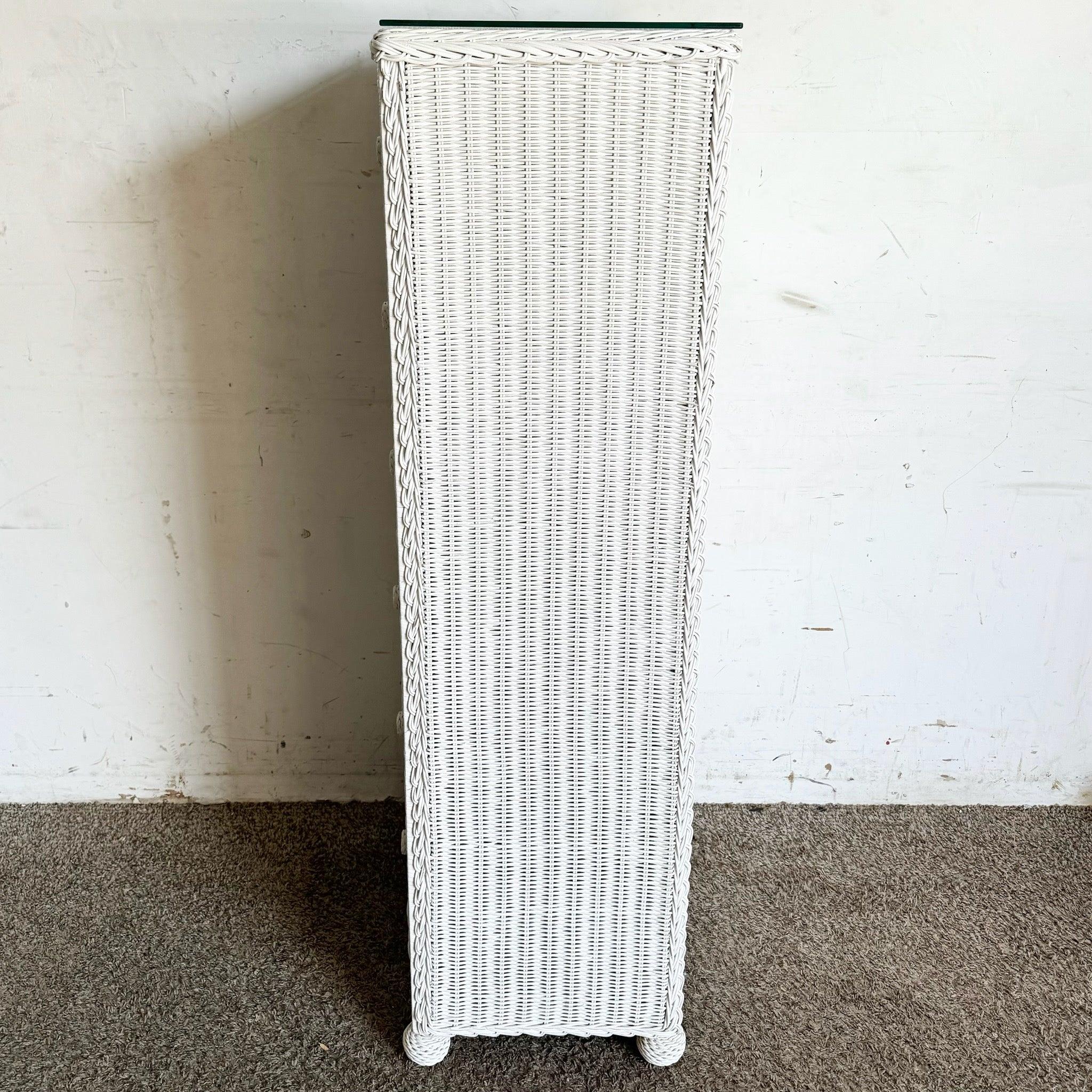 Vintage Coastal White Wicker Highboy with six drawers and glass top, adding seaside charm and ample storage to your bedroom.
 
 We sell items as acquired, without restoring or repairing. Vintage pieces may have age-related wear. Review photos