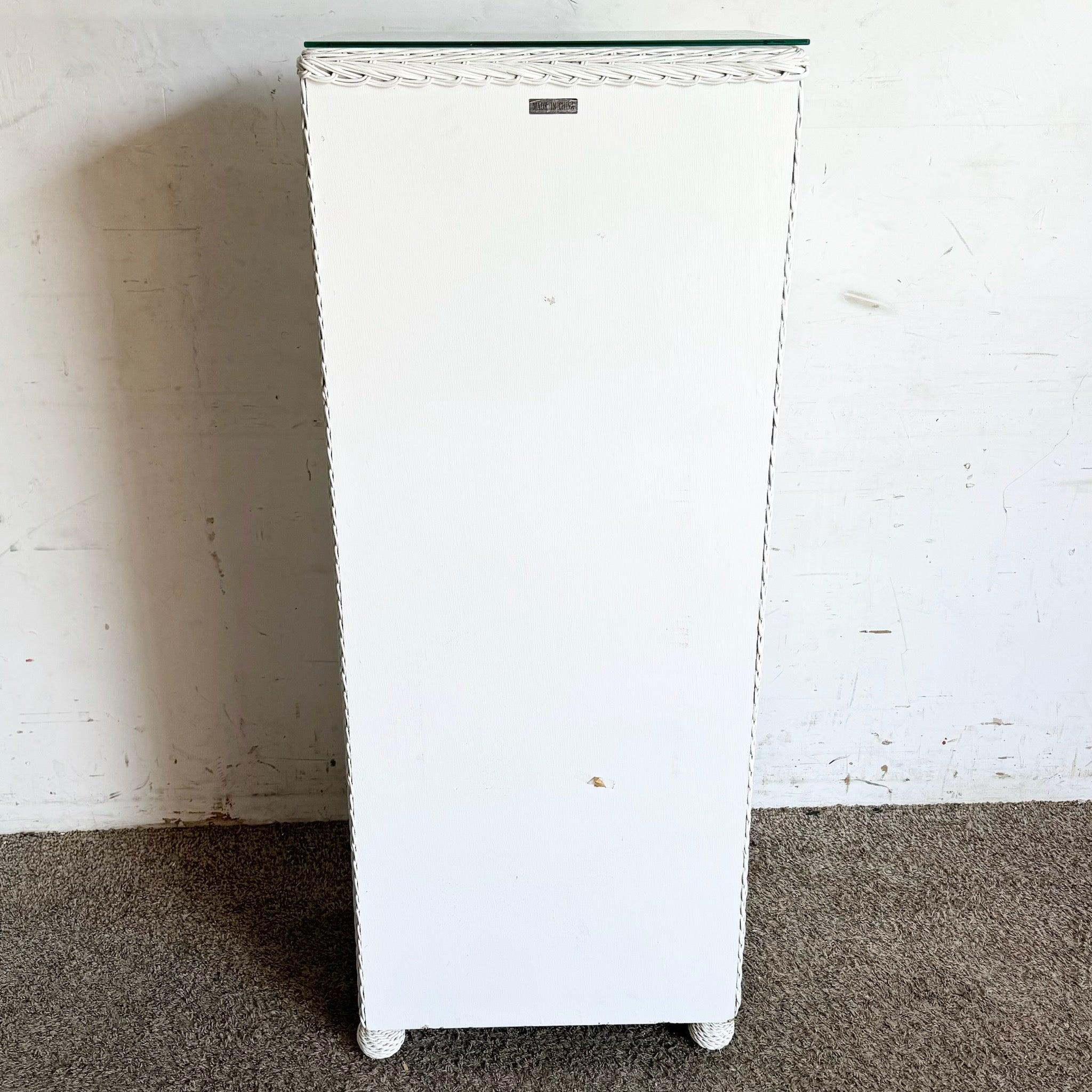 Chinese Vintage Coastal White Wicker Highboy Dresser/Lingerie Armoire