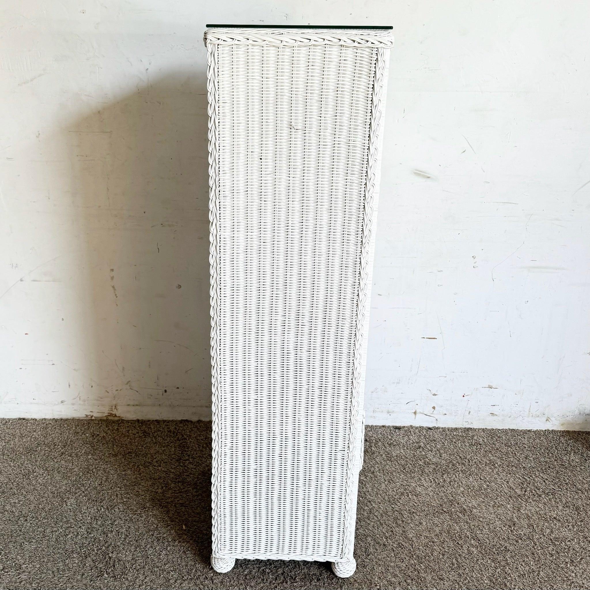Vintage Coastal White Wicker Highboy Dresser/Lingerie Armoire In Good Condition In Delray Beach, FL