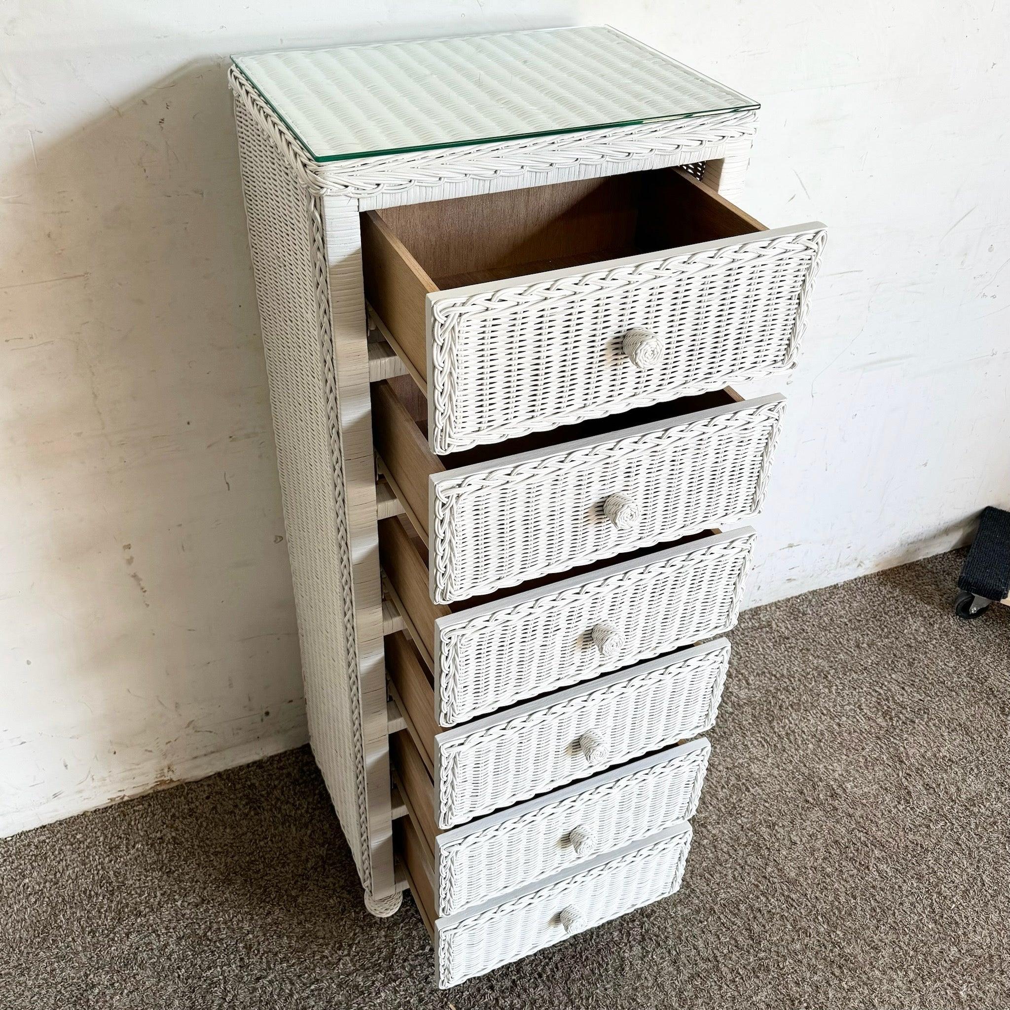 Late 20th Century Vintage Coastal White Wicker Highboy Dresser/Lingerie Armoire