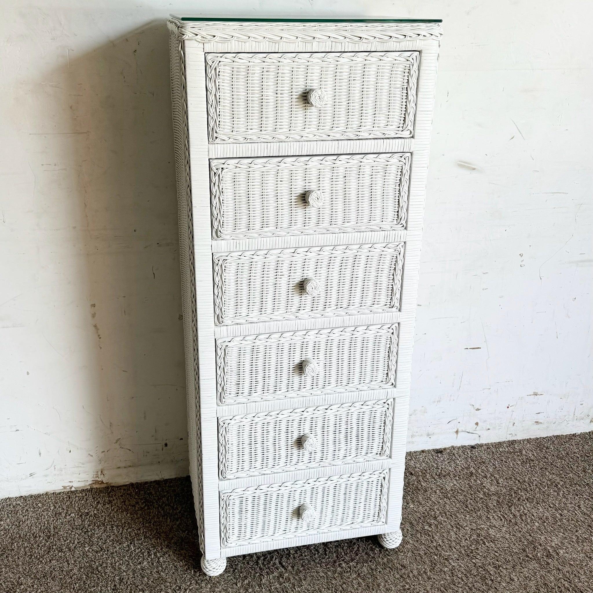 Vintage Coastal White Wicker Highboy Dresser/Lingerie Armoire 2