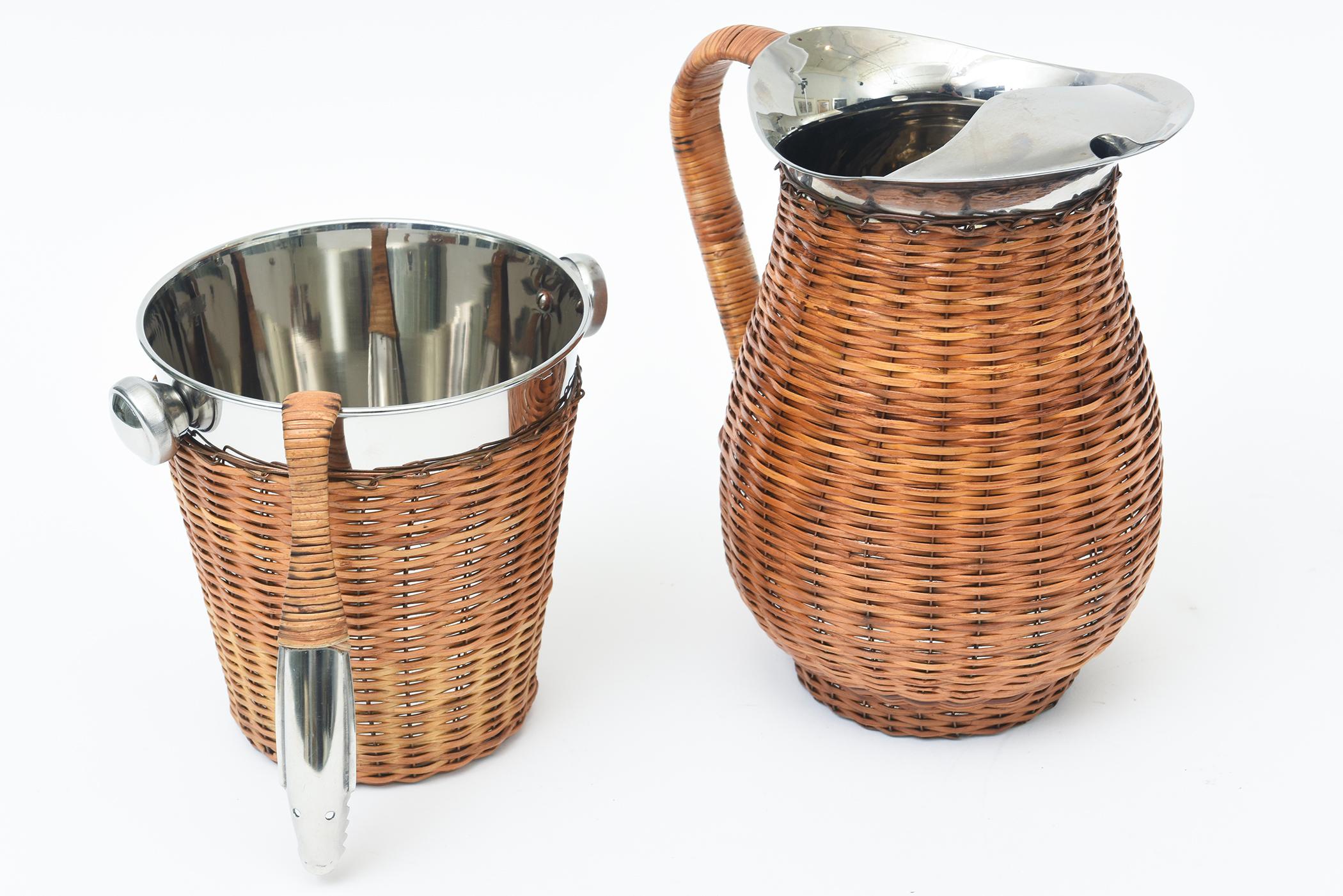 Vintage Coastal Wicker and Stainless Steel Pitcher, Eiskübel, Thongs Barware im Angebot 4