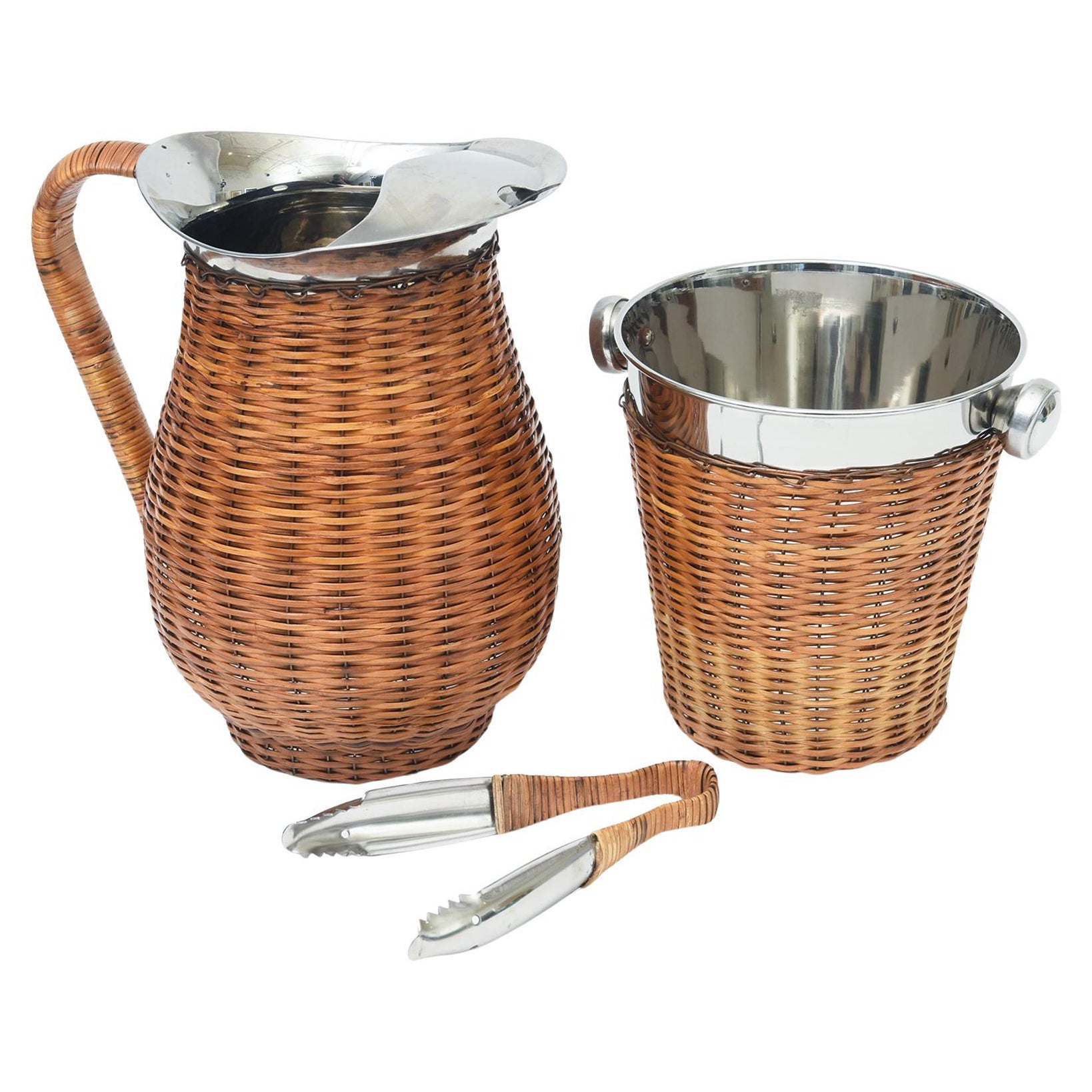 Vintage Coastal Barware Set, Wicker Stainless Steel Pitcher, Ice Bucket, Thongs