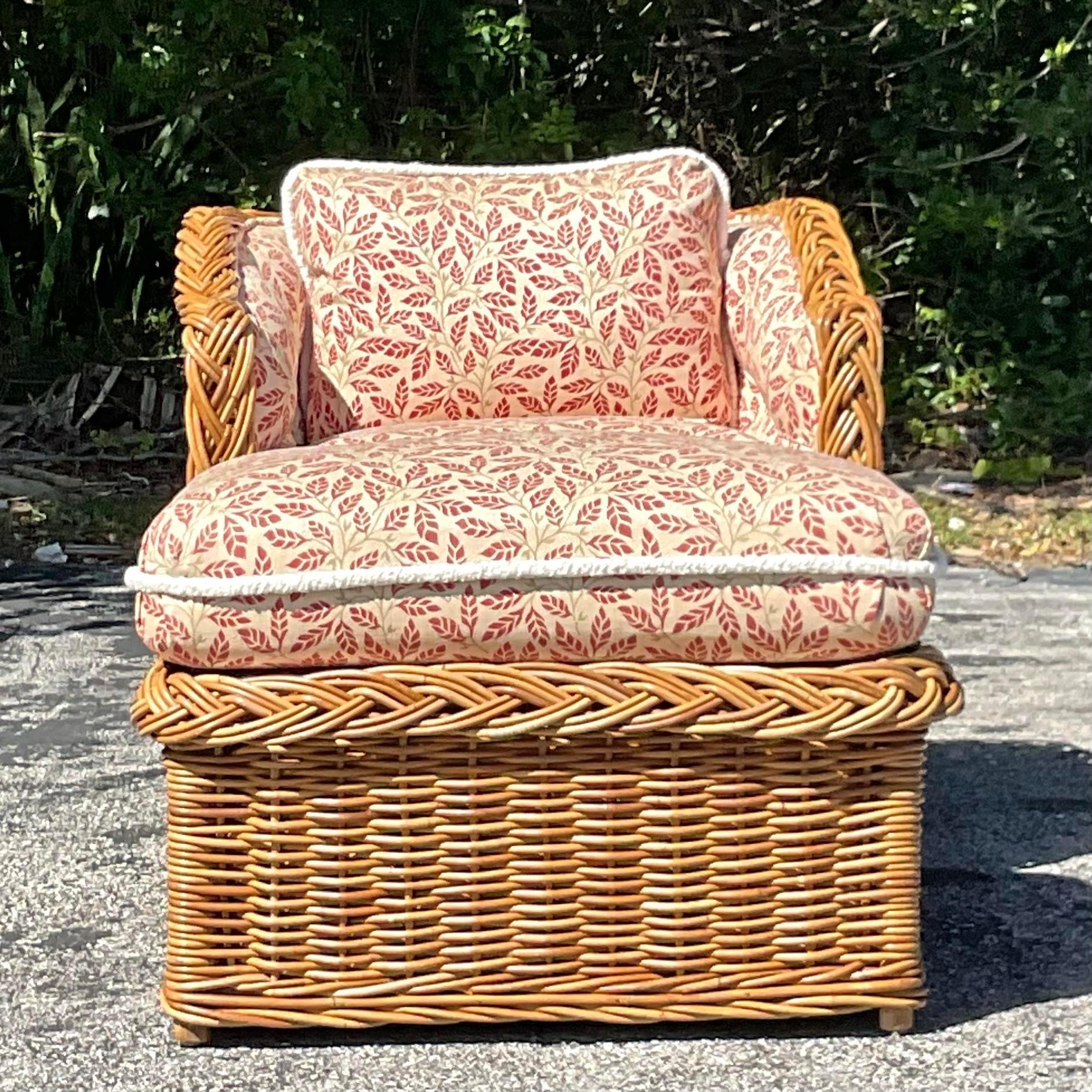 American Vintage Coastal Wicker Works Braided Rattan Lounge Chair and Ottoman