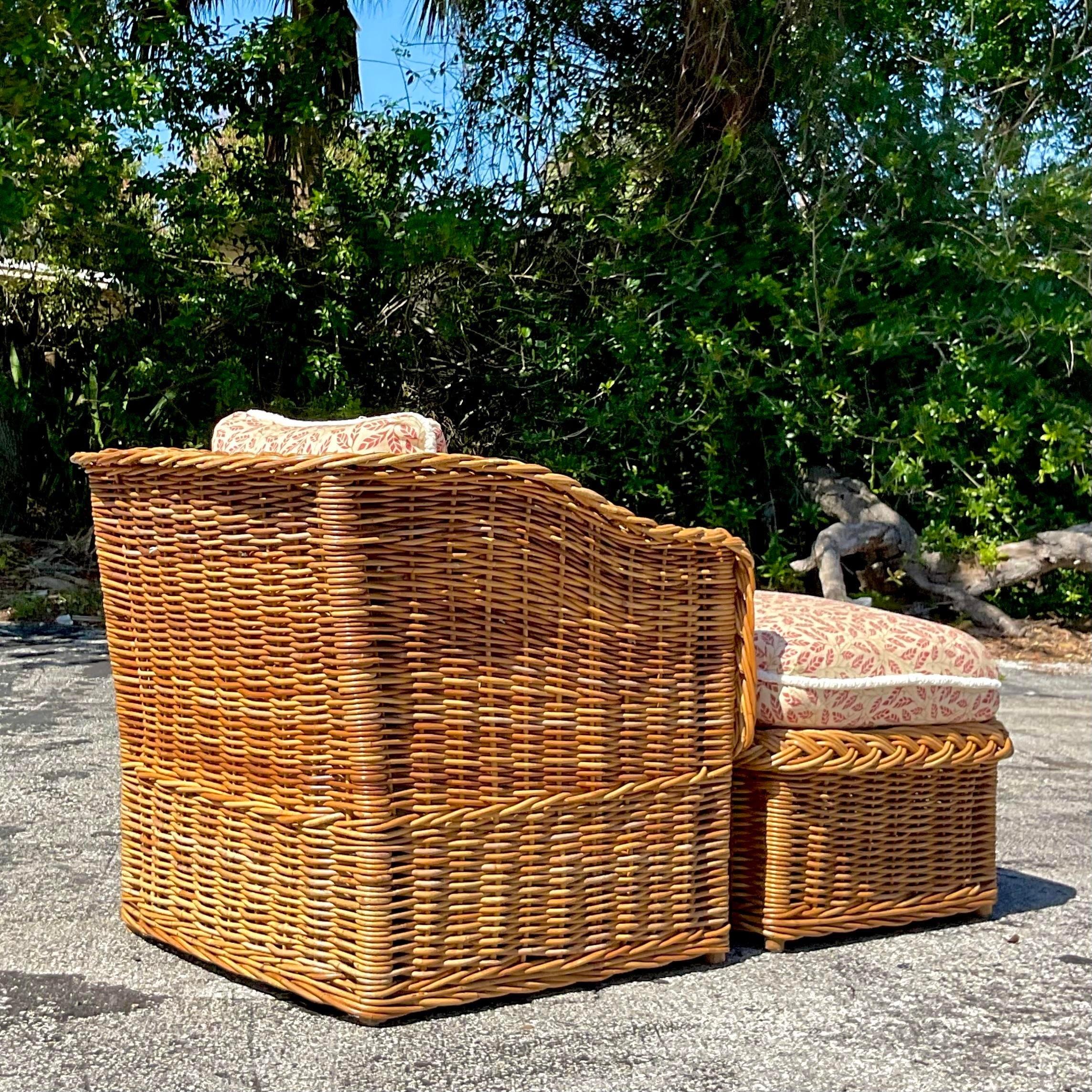 Vintage Coastal Wicker Works Braided Rattan Lounge Chair and Ottoman In Good Condition In west palm beach, FL