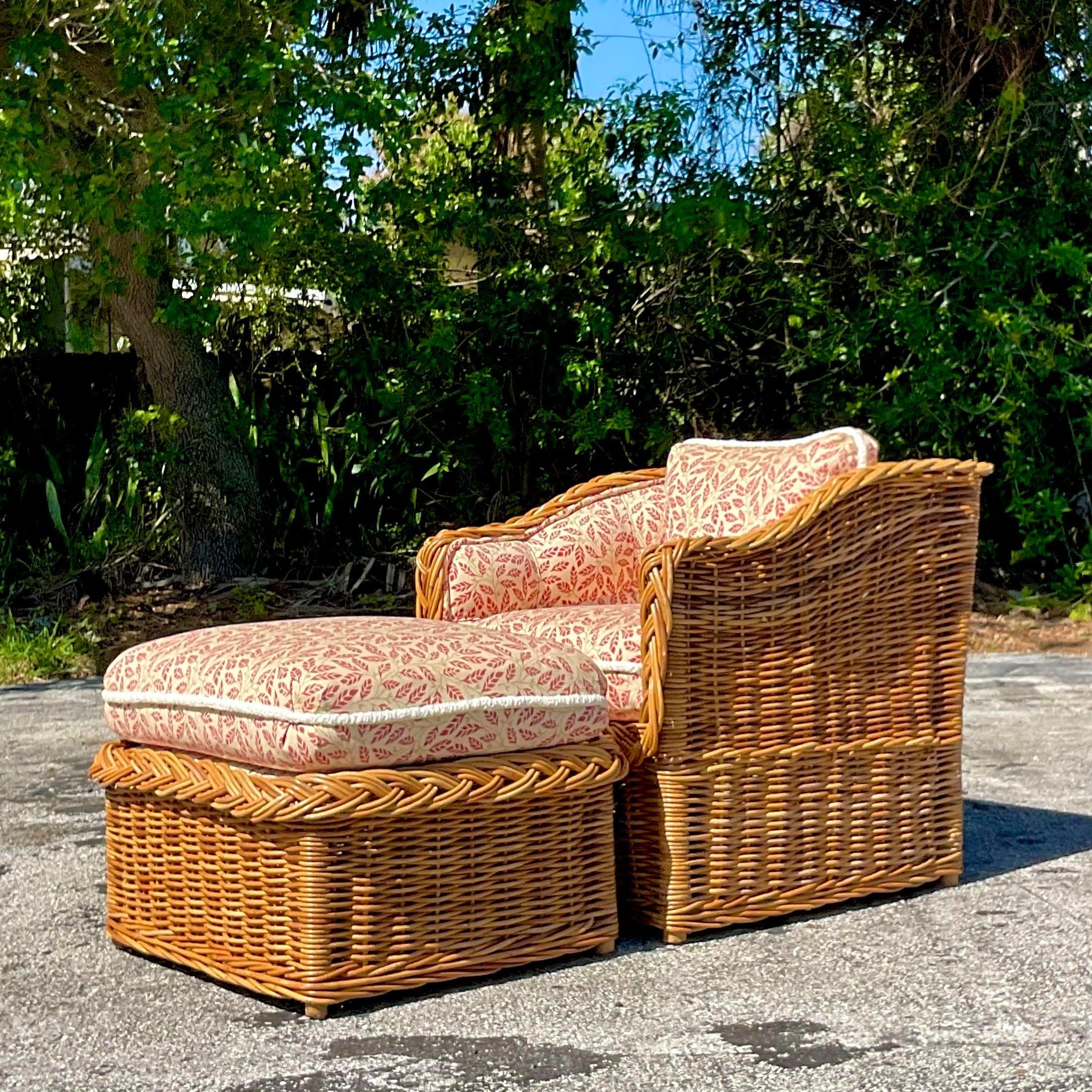 Vintage Coastal Wicker Works Braided Rattan Lounge Chair and Ottoman 1