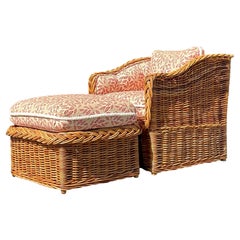 Vintage Coastal Wicker Works Braided Rattan Lounge Chair and Ottoman