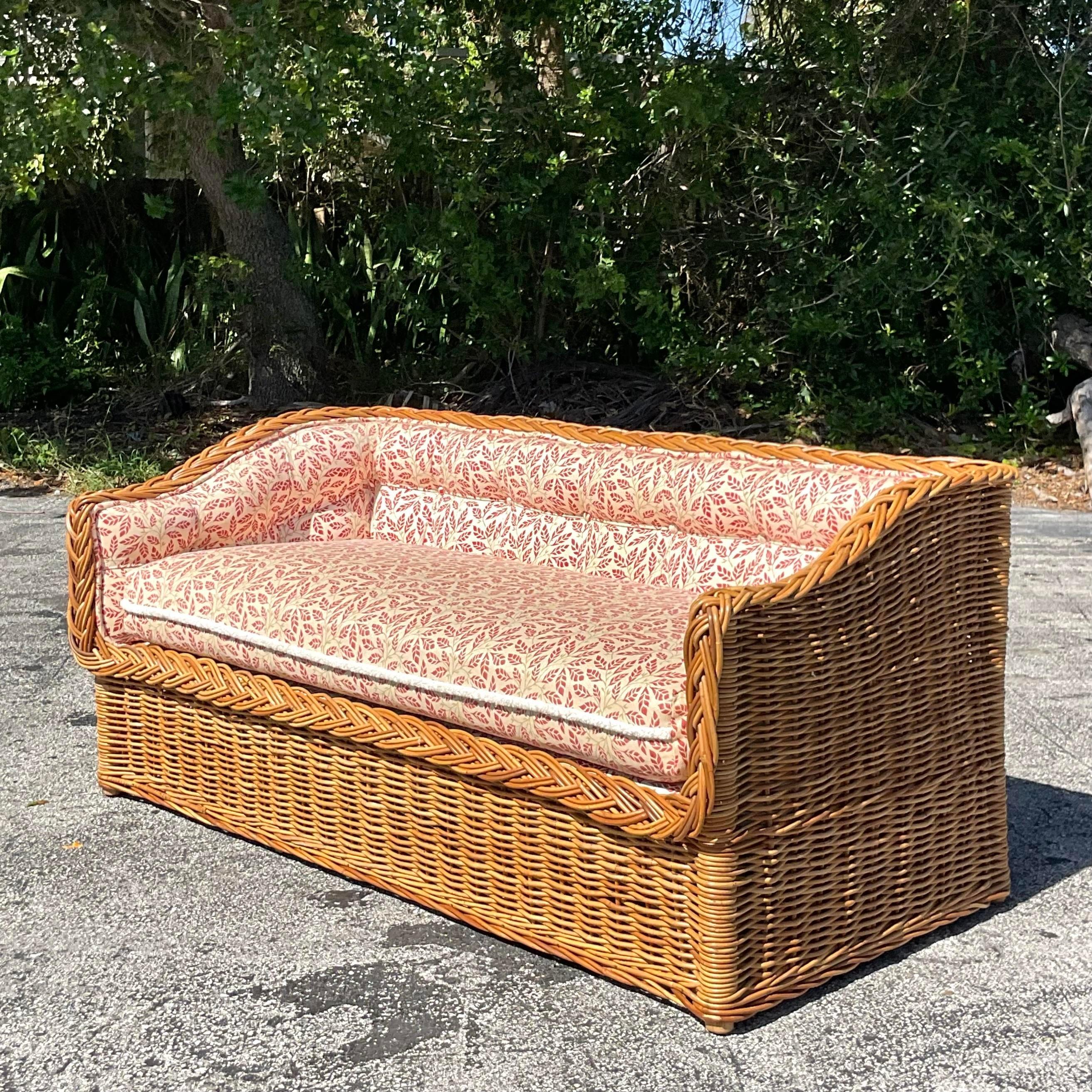 Vintage Coastal Wicker Works Tufted Loveseat In Good Condition In west palm beach, FL