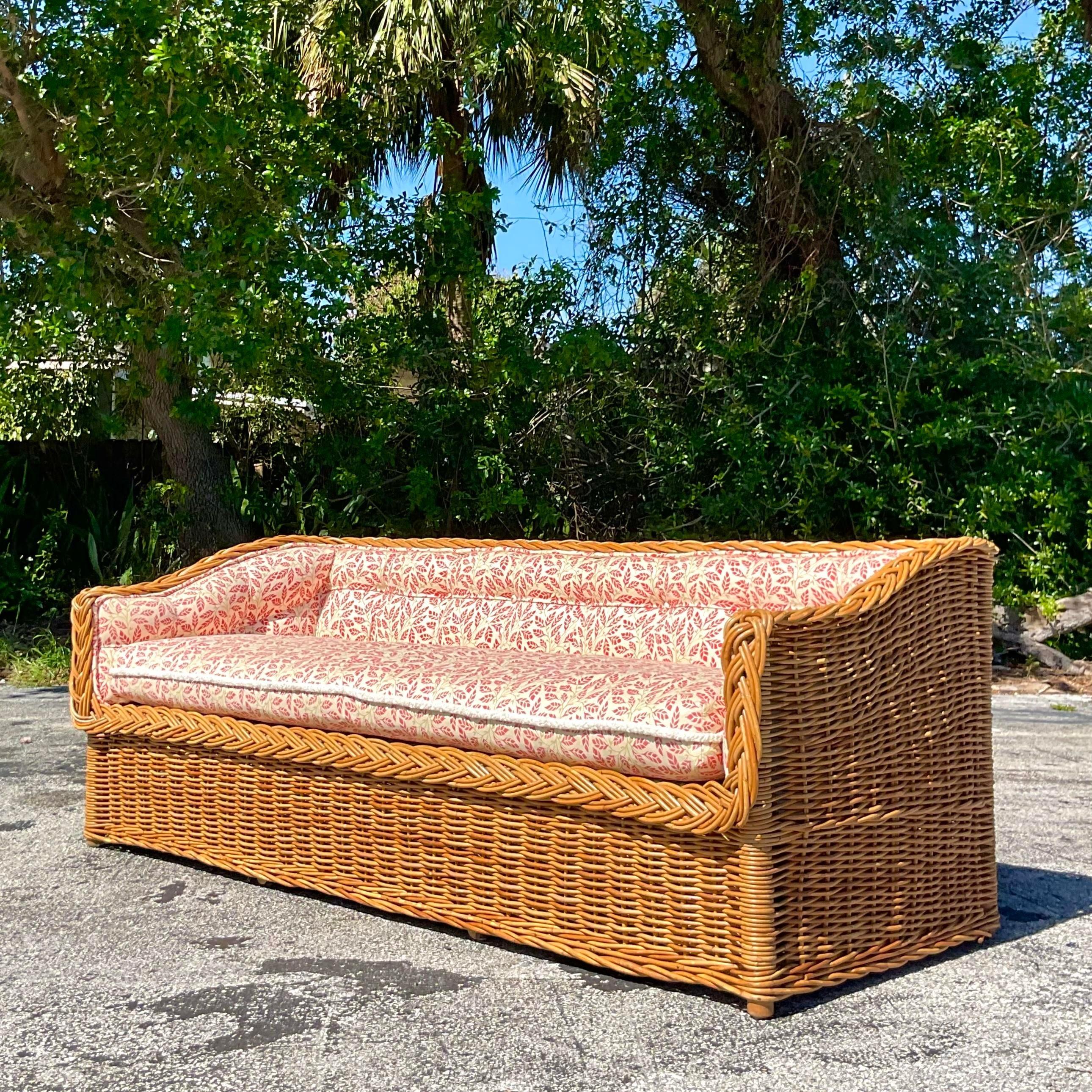 American Vintage Coastal Wicker Works Tufted Rattan Sofa