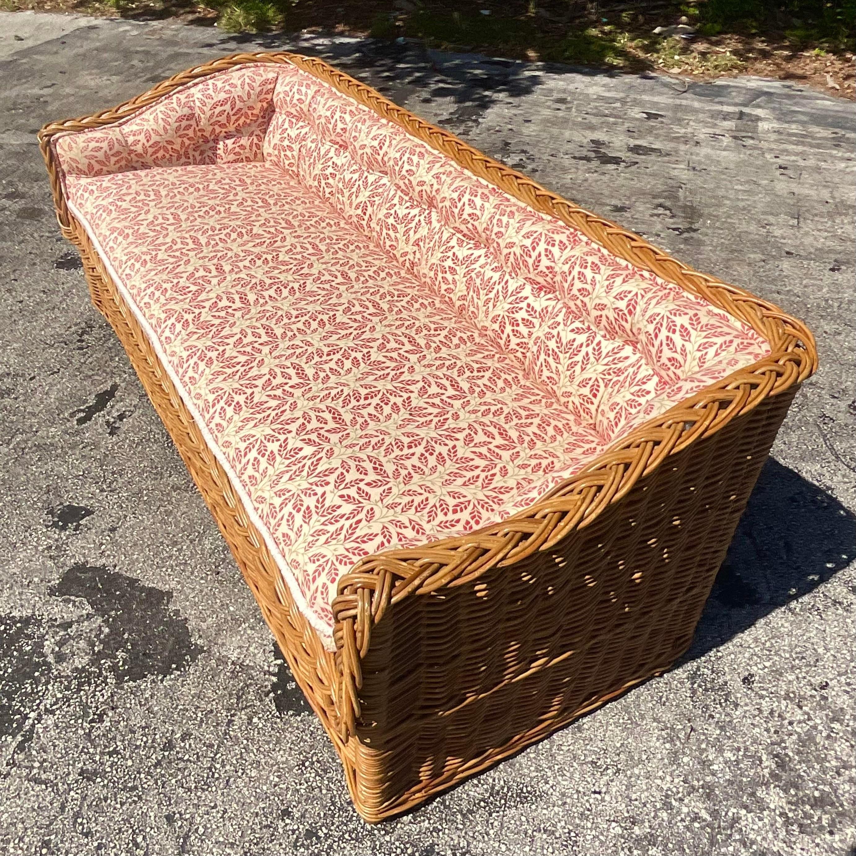 Vintage Coastal Wicker Works Tufted Rattan Sofa In Good Condition In west palm beach, FL