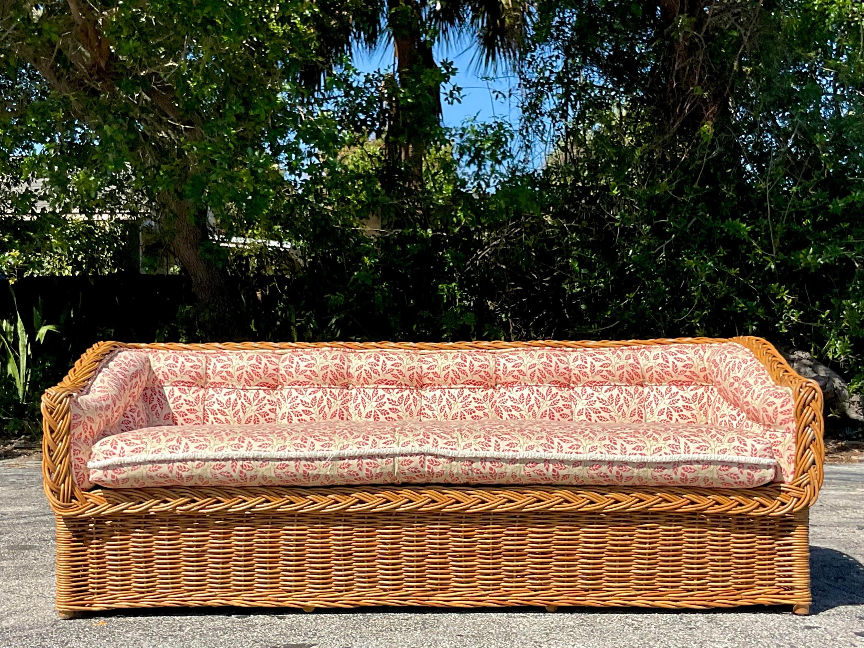 20th Century Vintage Coastal Wicker Works Tufted Rattan Sofa
