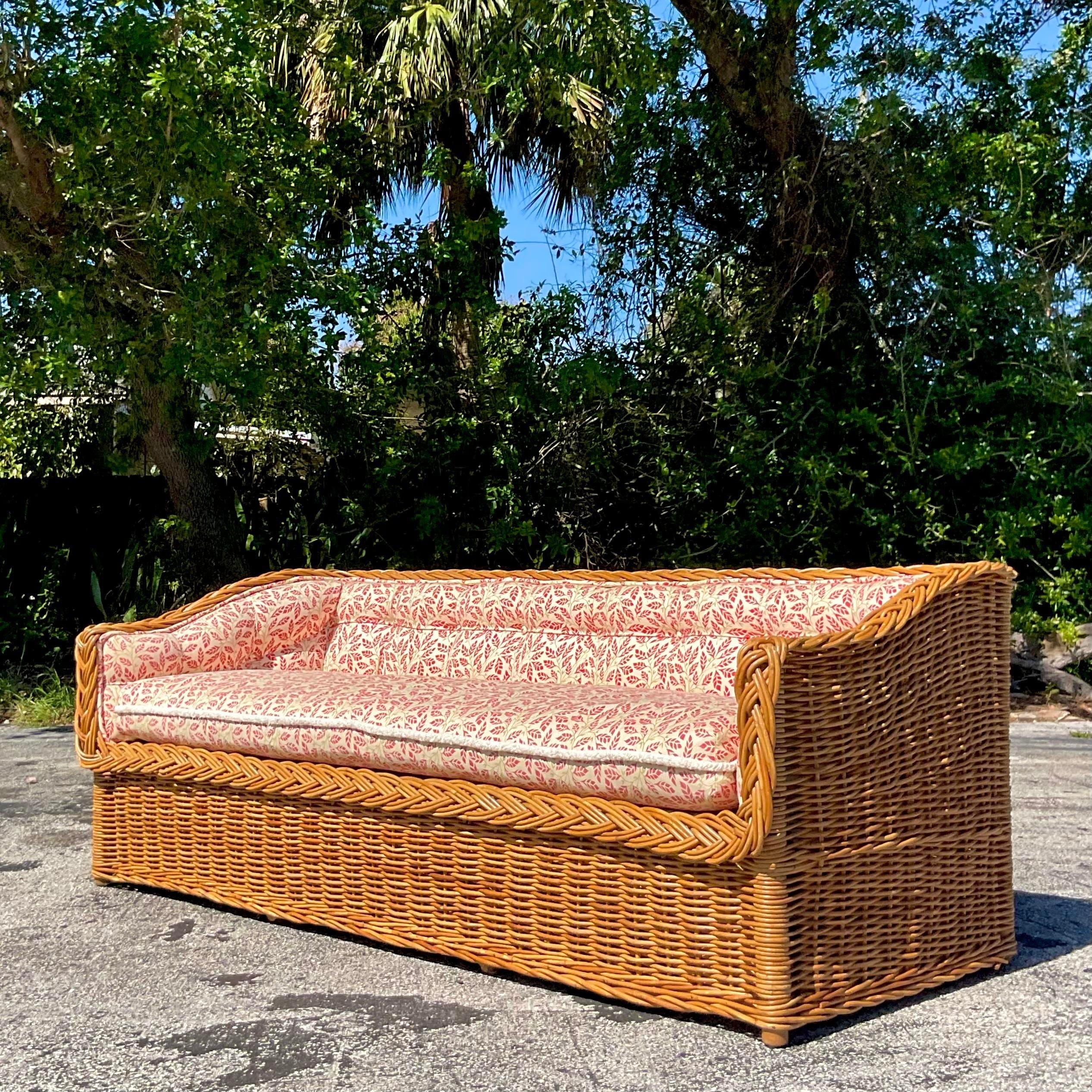 Upholstery Vintage Coastal Wicker Works Tufted Rattan Sofa