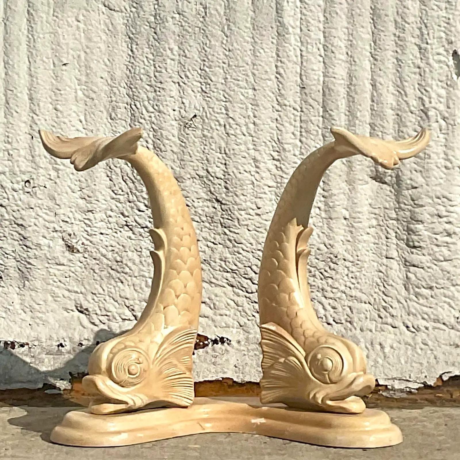 A fabulous vintage coastal console table pedestal. A chic Koi fish design with a boomerang base. Perfect as is or paint to suit your project. Acquired from a Palm Beach estate.