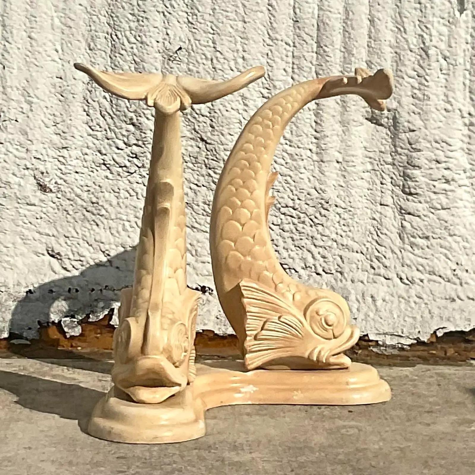 Vintage Coastal Wood Composite Koi Fish Console Pedestal 1
