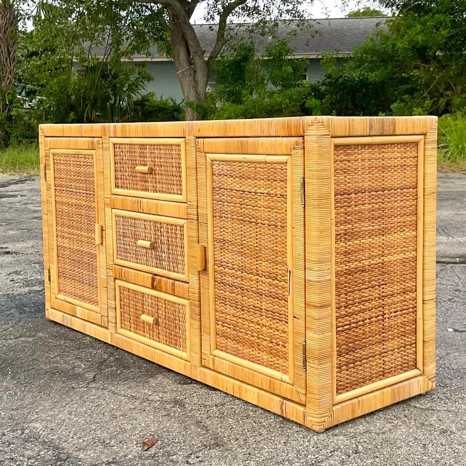 Vintage Coastal Woven Light Rattan Credenza In Good Condition In west palm beach, FL