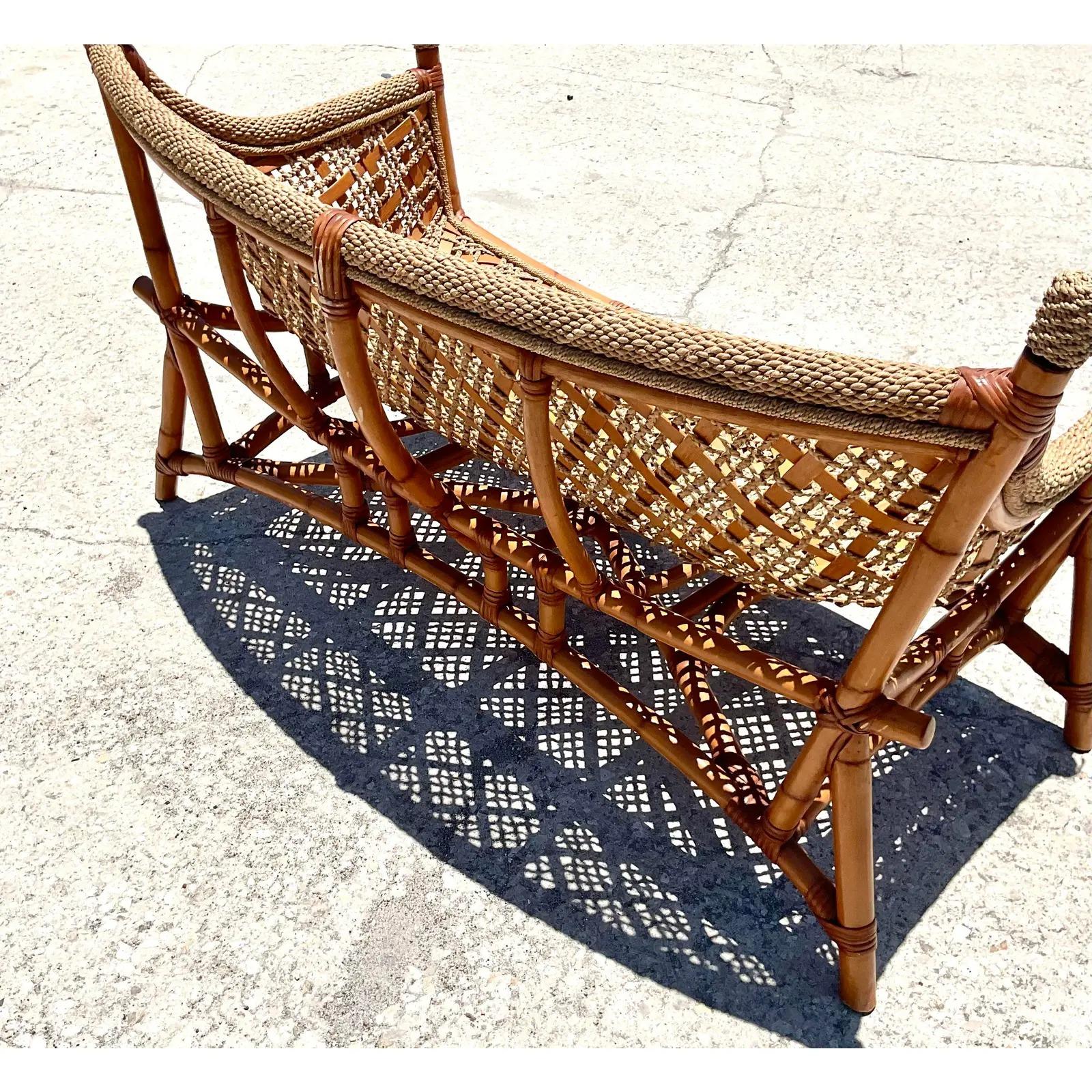 Philippine Vintage Coastal Woven Rattan and Jute Sling Sofa
