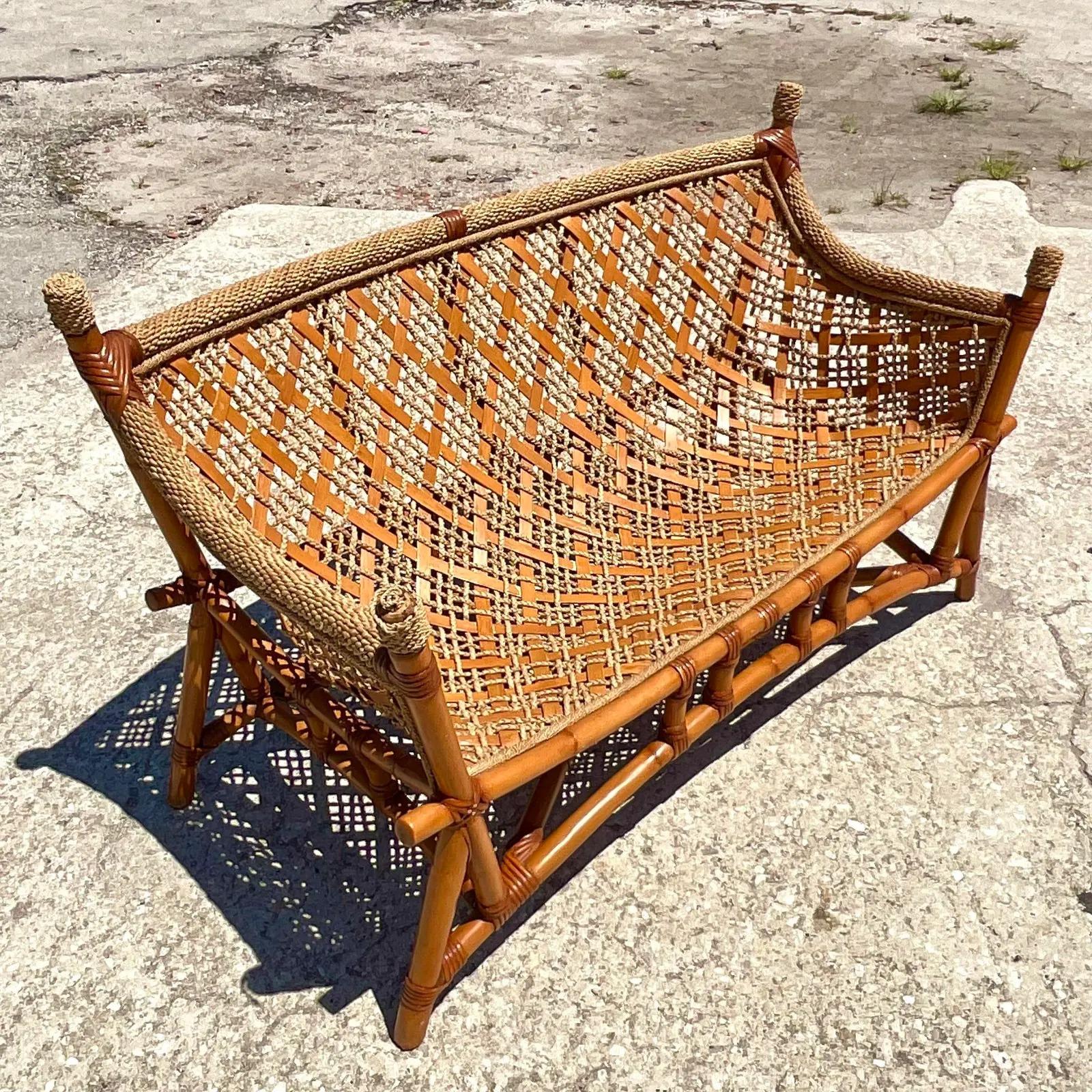 Vintage Coastal Woven Rattan and Jute Sling Sofa In Good Condition In west palm beach, FL