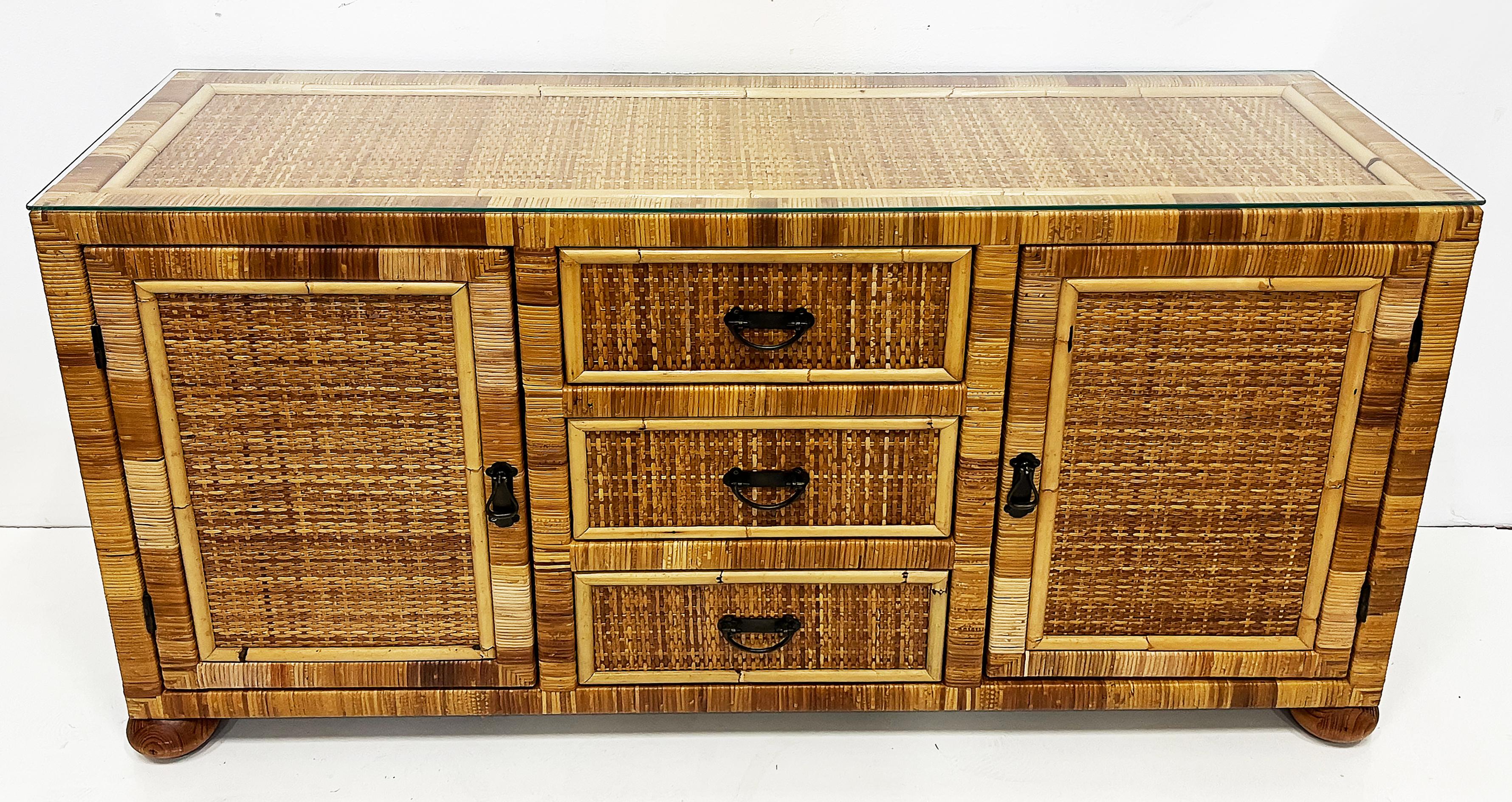 20th Century Vintage Coastal Woven Rattan and Wood Credenza For Sale