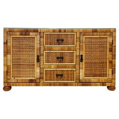 Vintage Coastal Woven Rattan and Wood Credenza