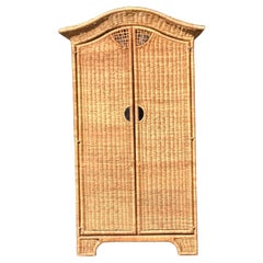Vintage Coastal Woven Rattan Arched Armoire