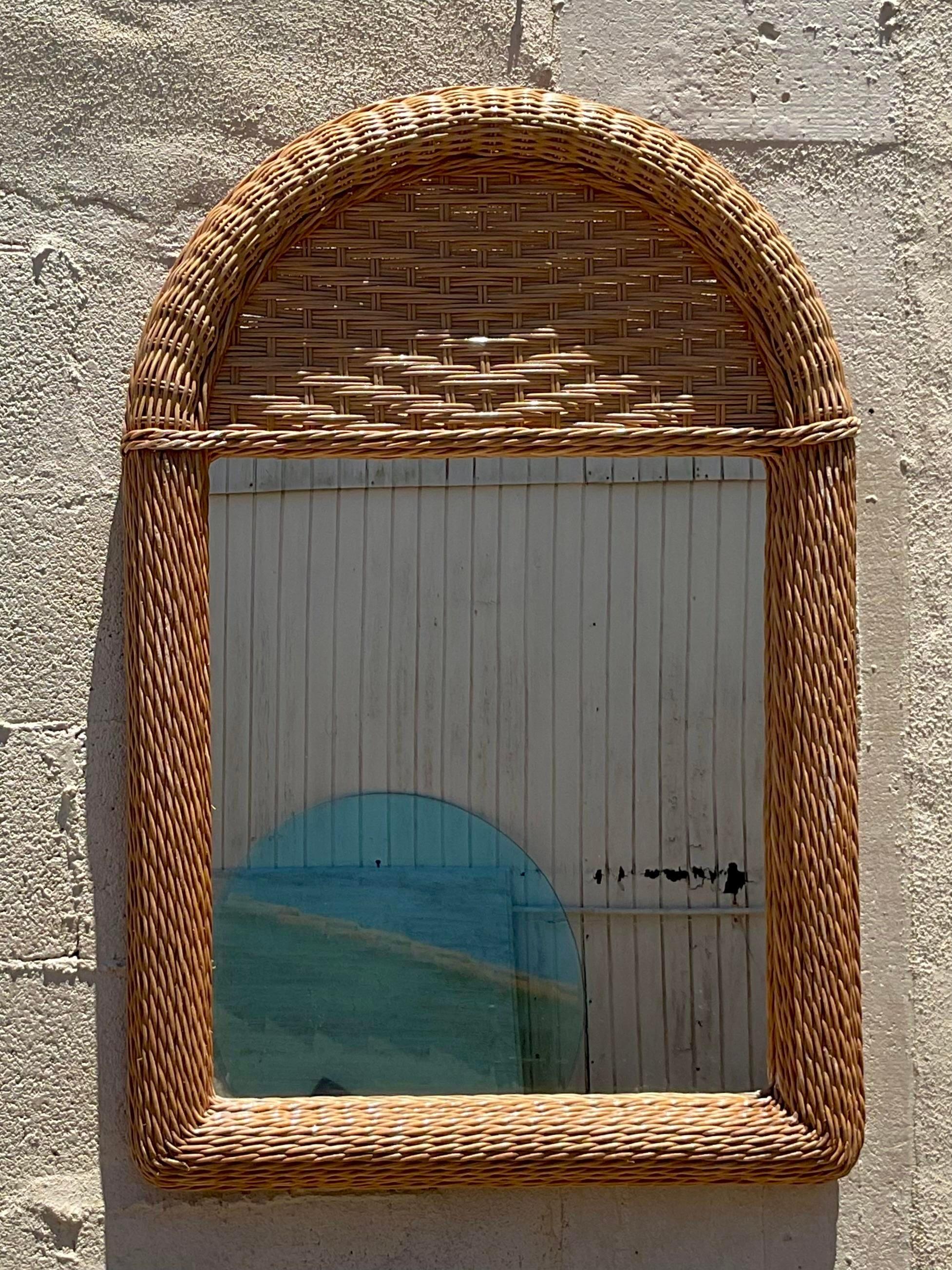 Vintage Coastal Woven Rattan Arched Mirror In Good Condition For Sale In west palm beach, FL