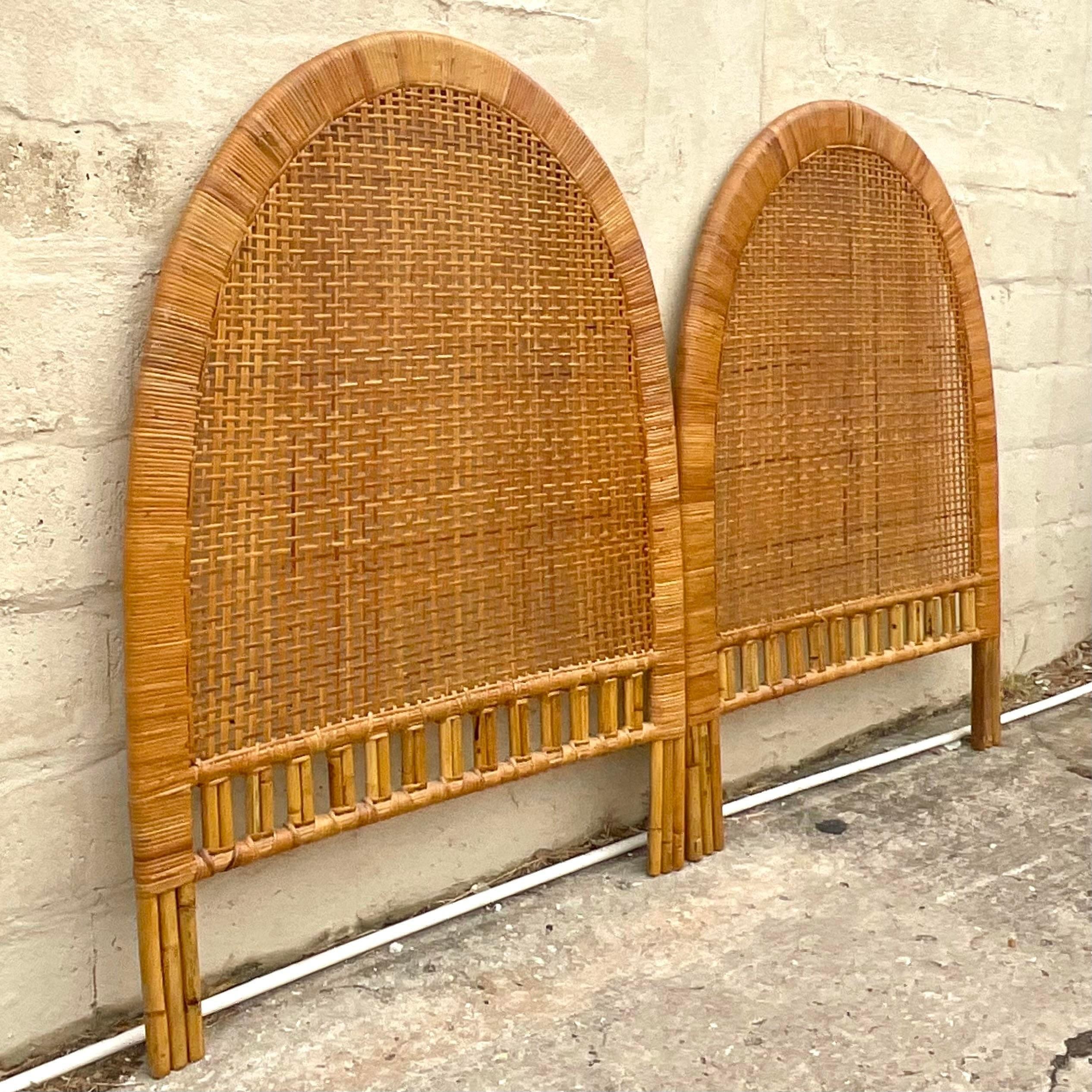Philippine Vintage Coastal Woven Rattan Arched Twin Headboards, a Pair