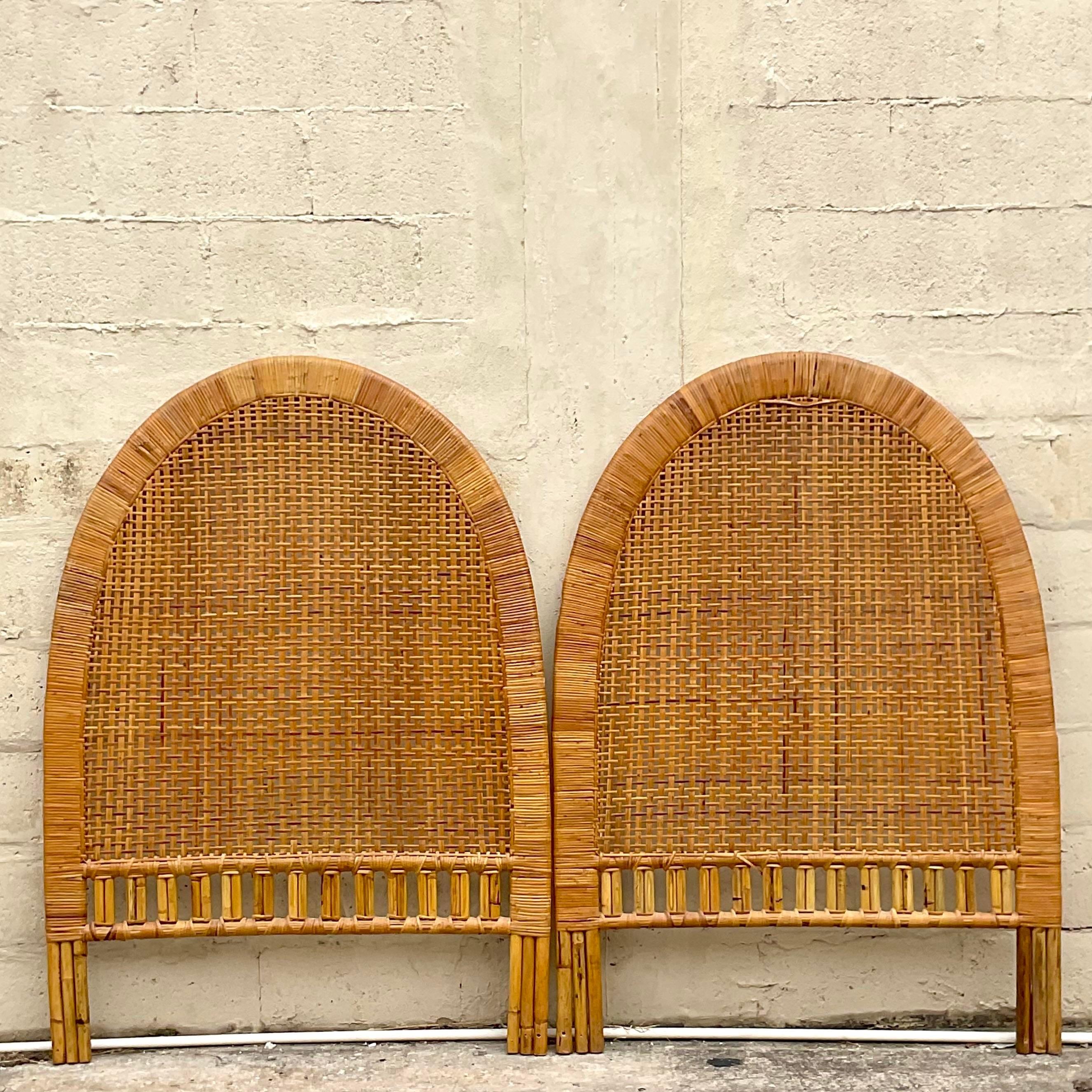 Vintage Coastal Woven Rattan Arched Twin Headboards, a Pair In Good Condition In west palm beach, FL