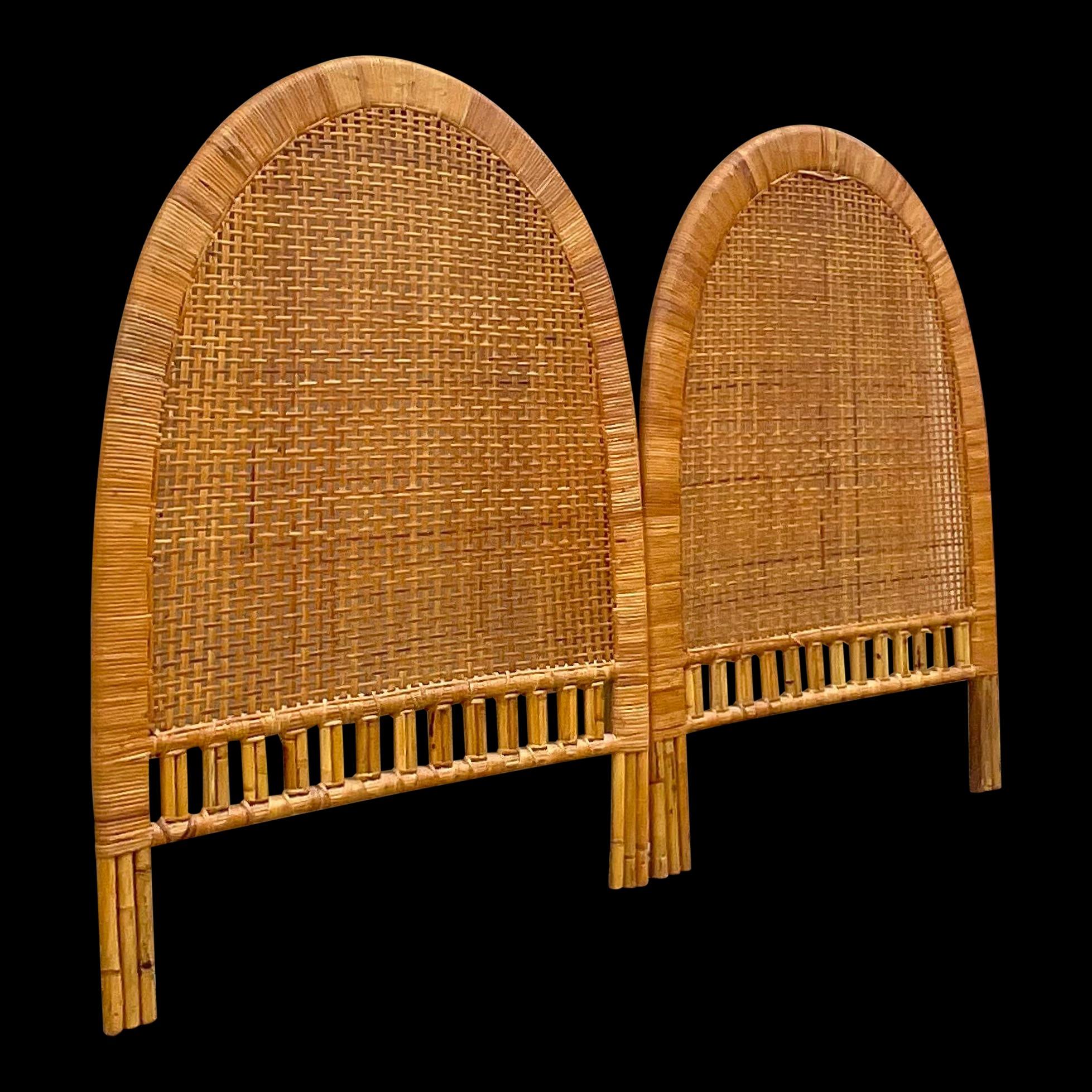 20th Century Vintage Coastal Woven Rattan Arched Twin Headboards, a Pair