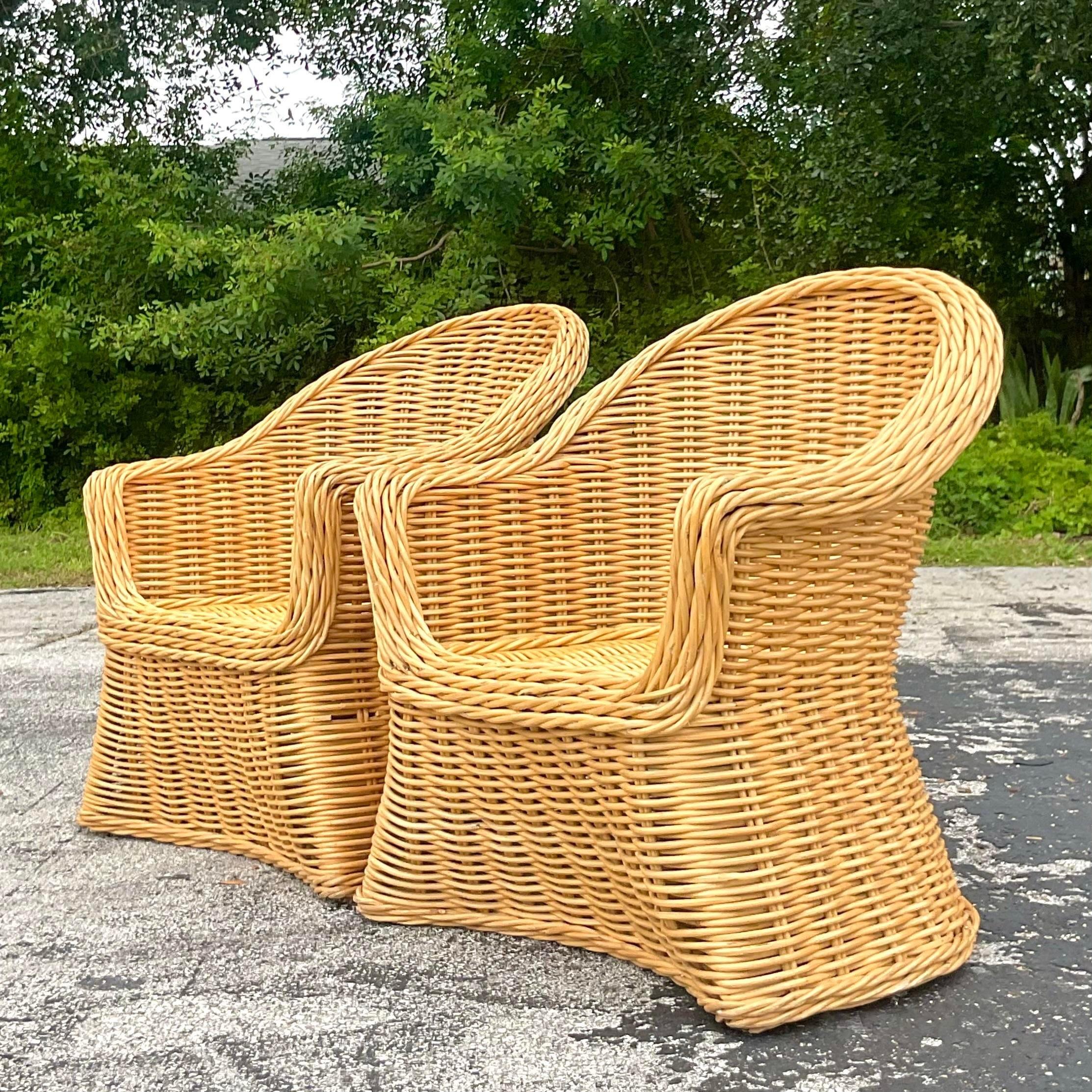 Philippine Vintage Coastal Woven Rattan Arm Chairs - a Pair For Sale