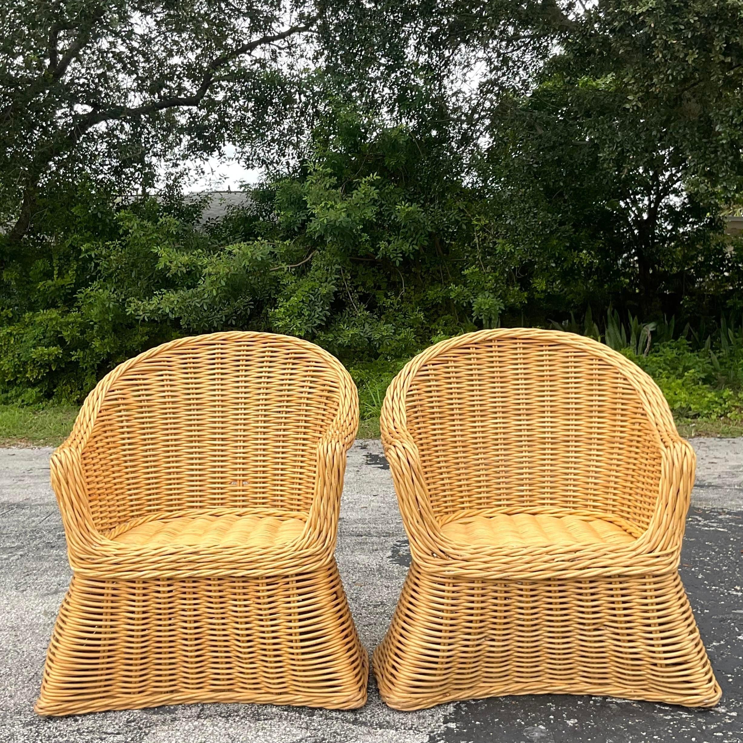 Vintage Coastal Woven Rattan Arm Chairs - a Pair In Good Condition For Sale In west palm beach, FL