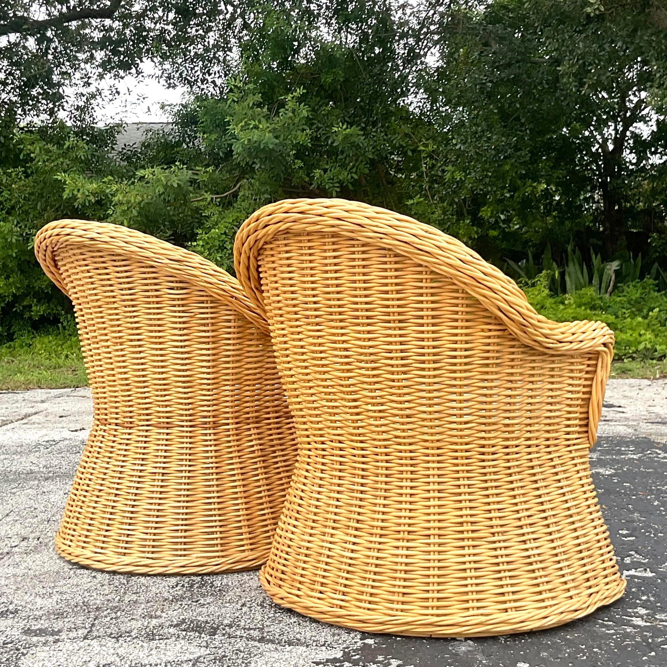 20th Century Vintage Coastal Woven Rattan Arm Chairs - a Pair For Sale