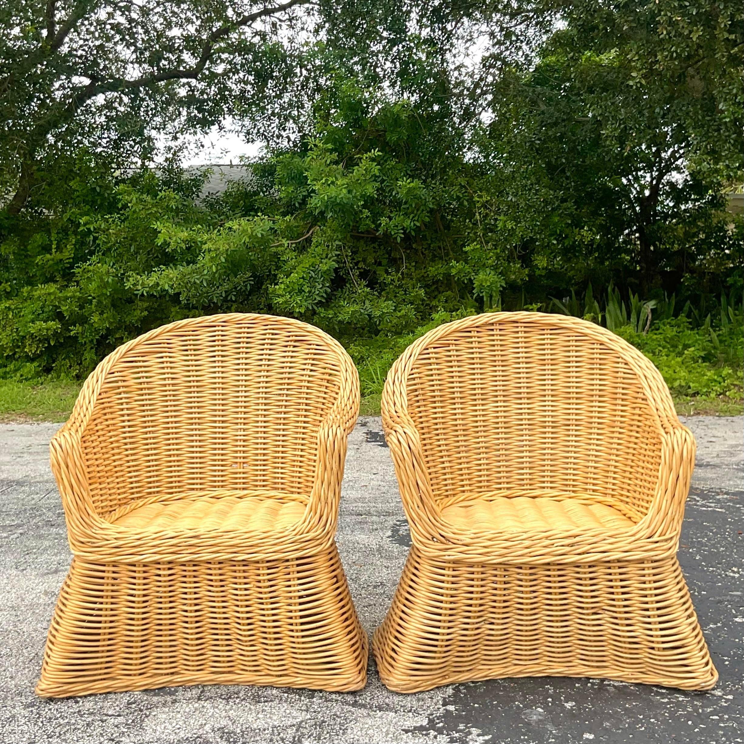 Vintage Coastal Woven Rattan Arm Chairs - a Pair For Sale 1