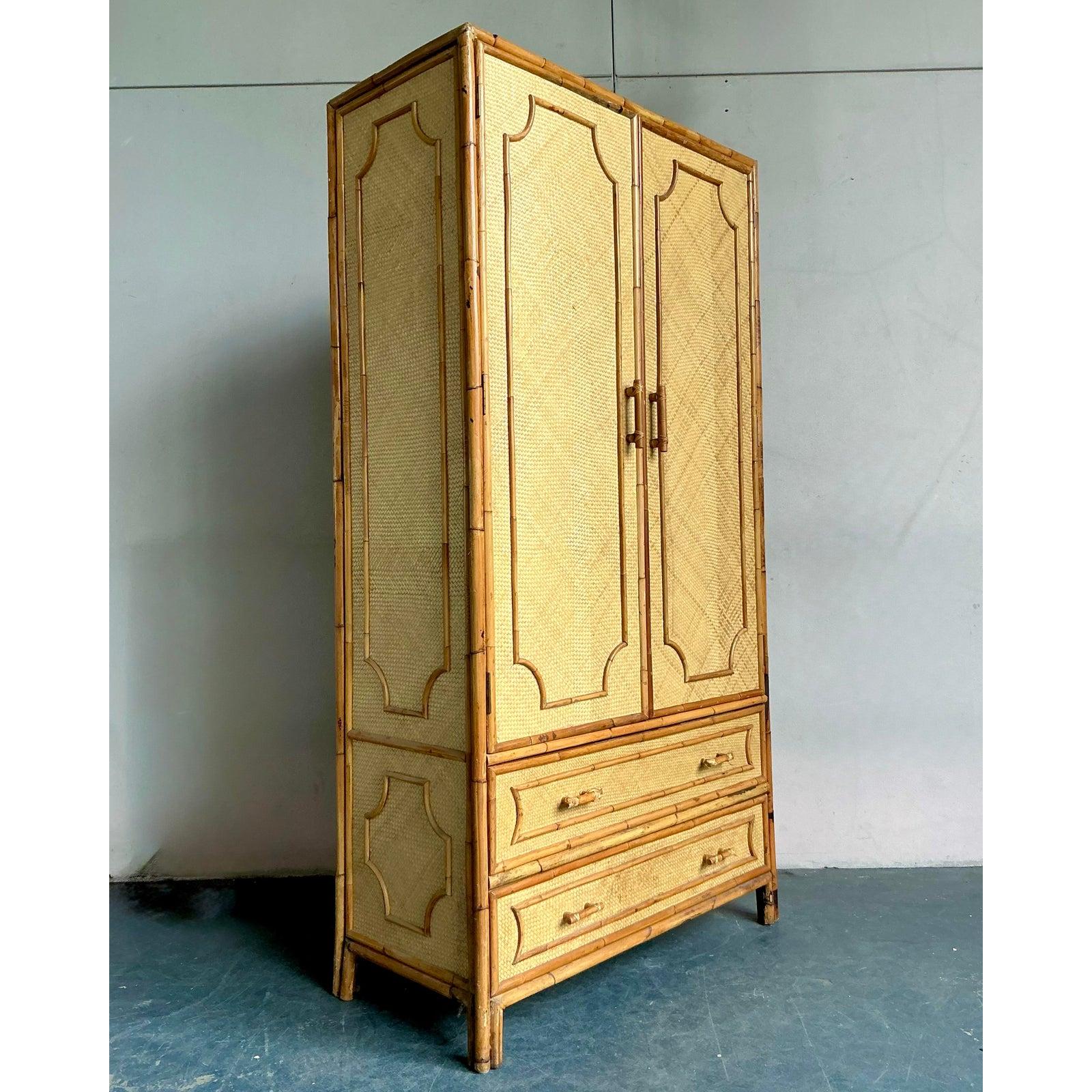 Capture the essence of coastal sophistication with this stunning vintage armoire. A masterful example of Hollywood Regency design, this piece is expertly crafted from a solid wood frame, fully enveloped in intricately woven rattan and accented with