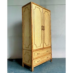 Vintage Coastal Woven Rattan Armoire