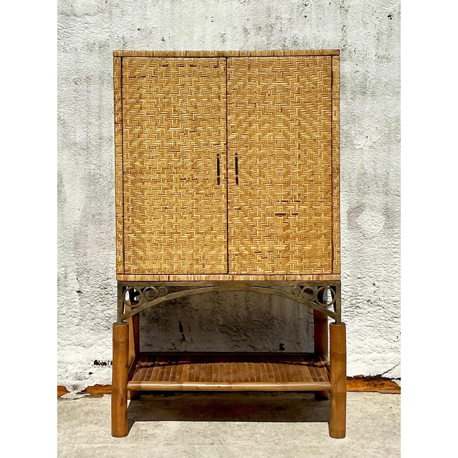 Organic Modern Vintage Coastal Woven Rattan Armoire For Sale