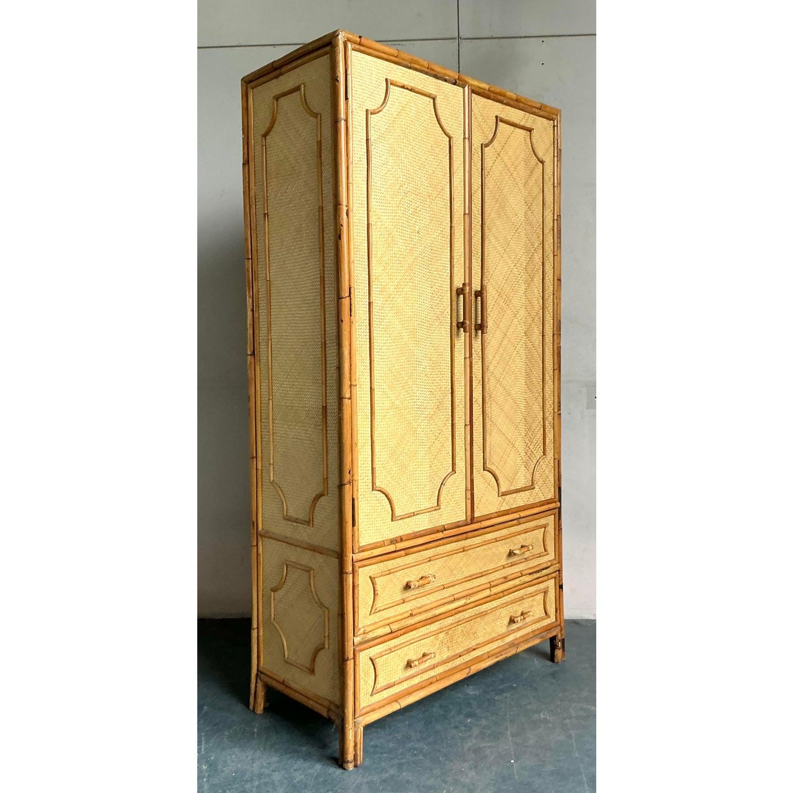 Chinoiserie Vintage Coastal Woven Rattan Armoire For Sale