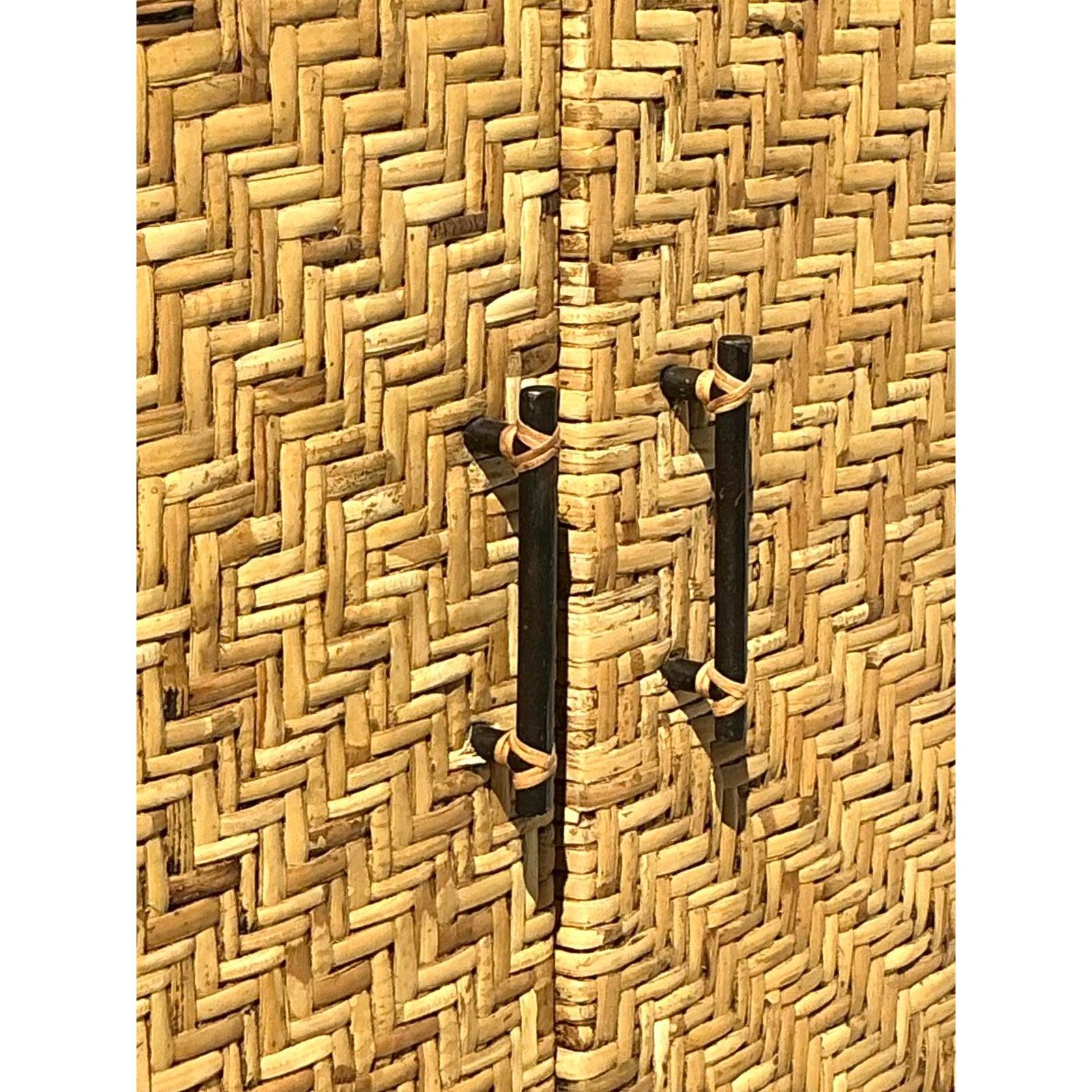 American Vintage Coastal Woven Rattan Armoire For Sale