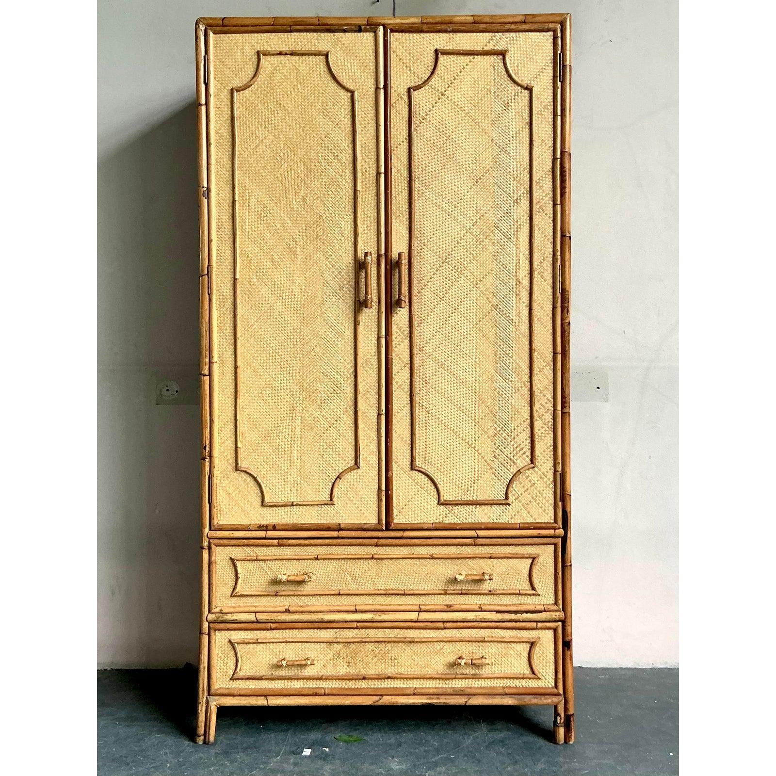 Philippine Vintage Coastal Woven Rattan Armoire For Sale